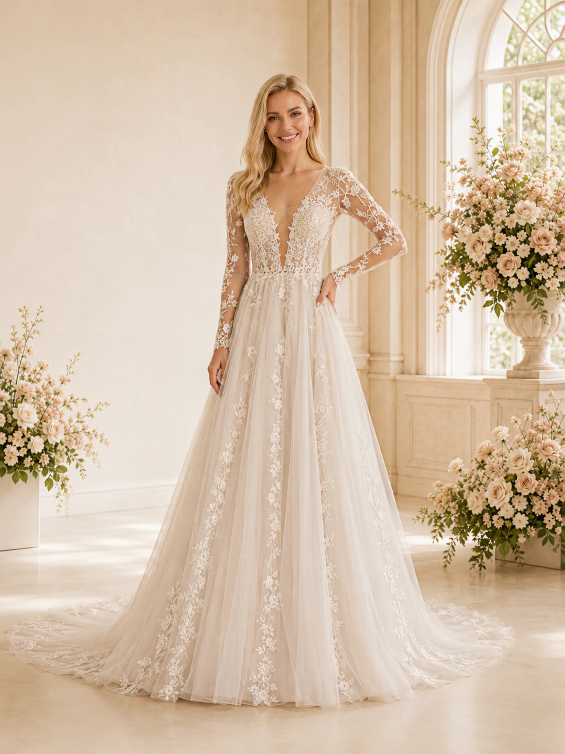 ChicSew Elegant Pretty Deep V-Neck Long Sleeves A-Line Lace Applique Tulle Floor-Length Wedding Dress sold by ChicSew