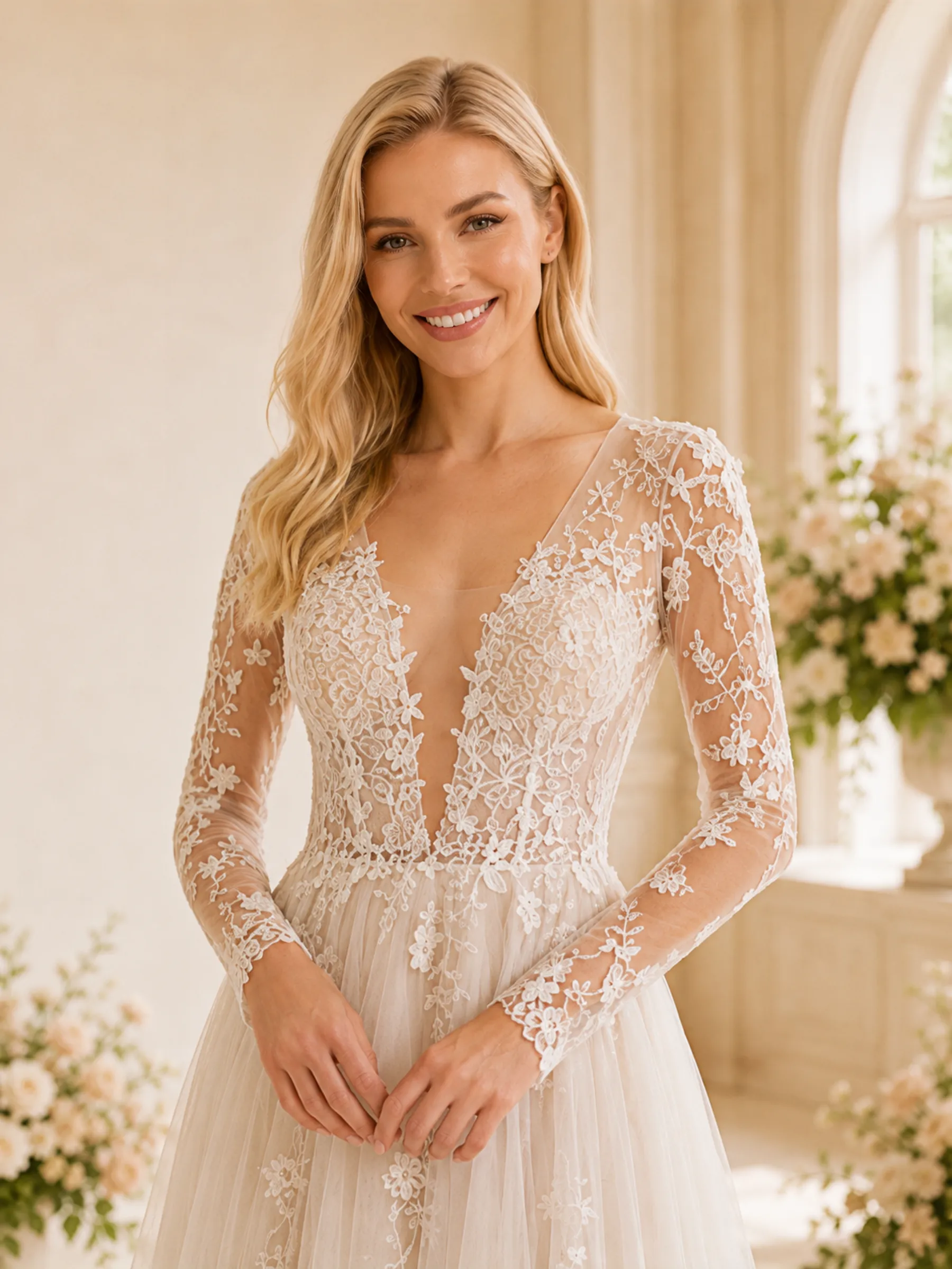 ChicSew Elegant Pretty Deep V-Neck Long Sleeves A-Line Lace Applique Tulle Floor-Length Wedding Dress sold by ChicSew product image thumbnail 2