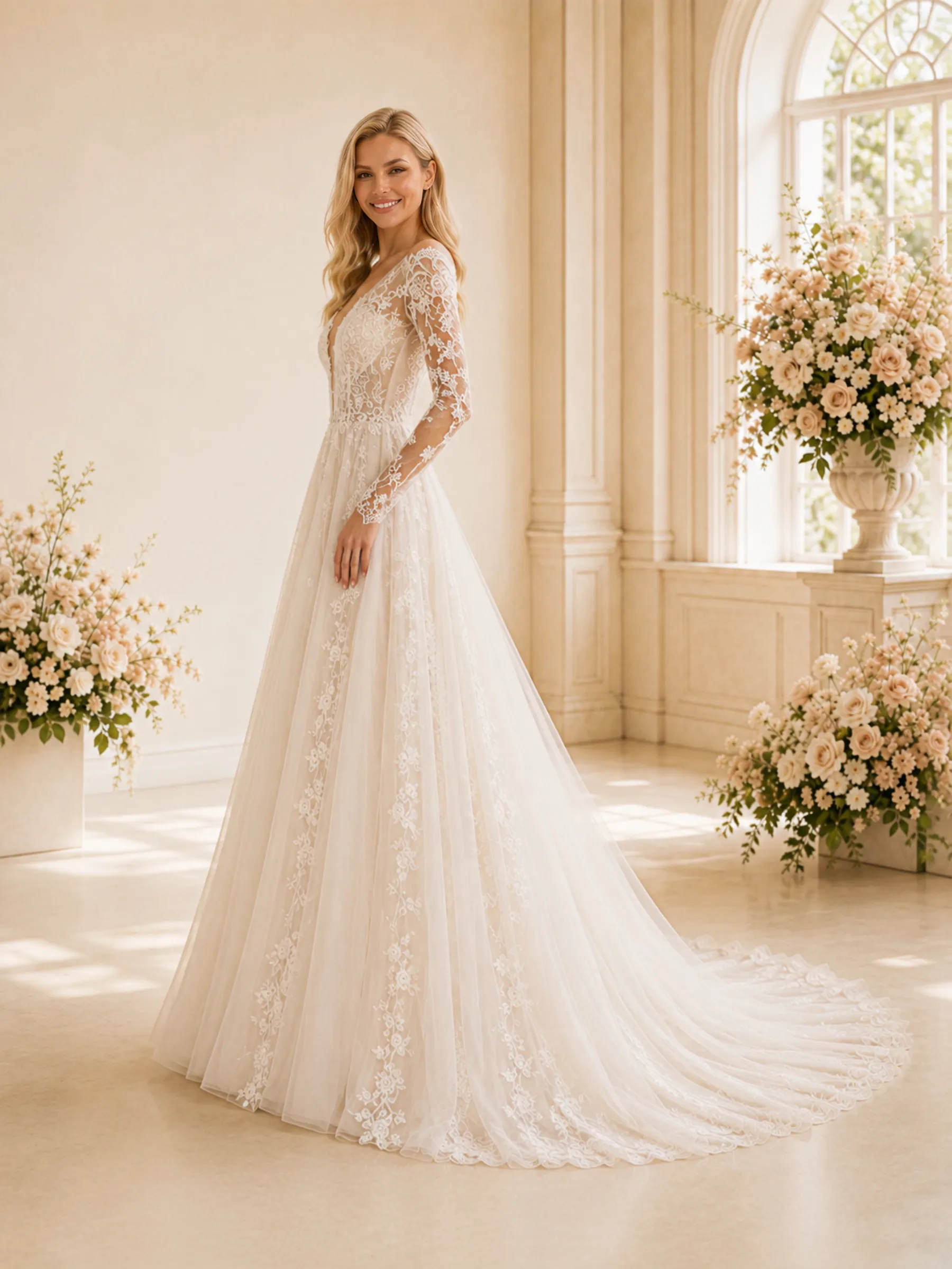 ChicSew Elegant Pretty Deep V-Neck Long Sleeves A-Line Lace Applique Tulle Floor-Length Wedding Dress sold by ChicSew product image thumbnail 3