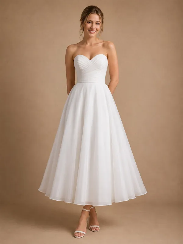 ChicSew Simple A-Line Strapless Lace Chiffon Pleated Ankle-Length Wedding Dresses made by ChicSew