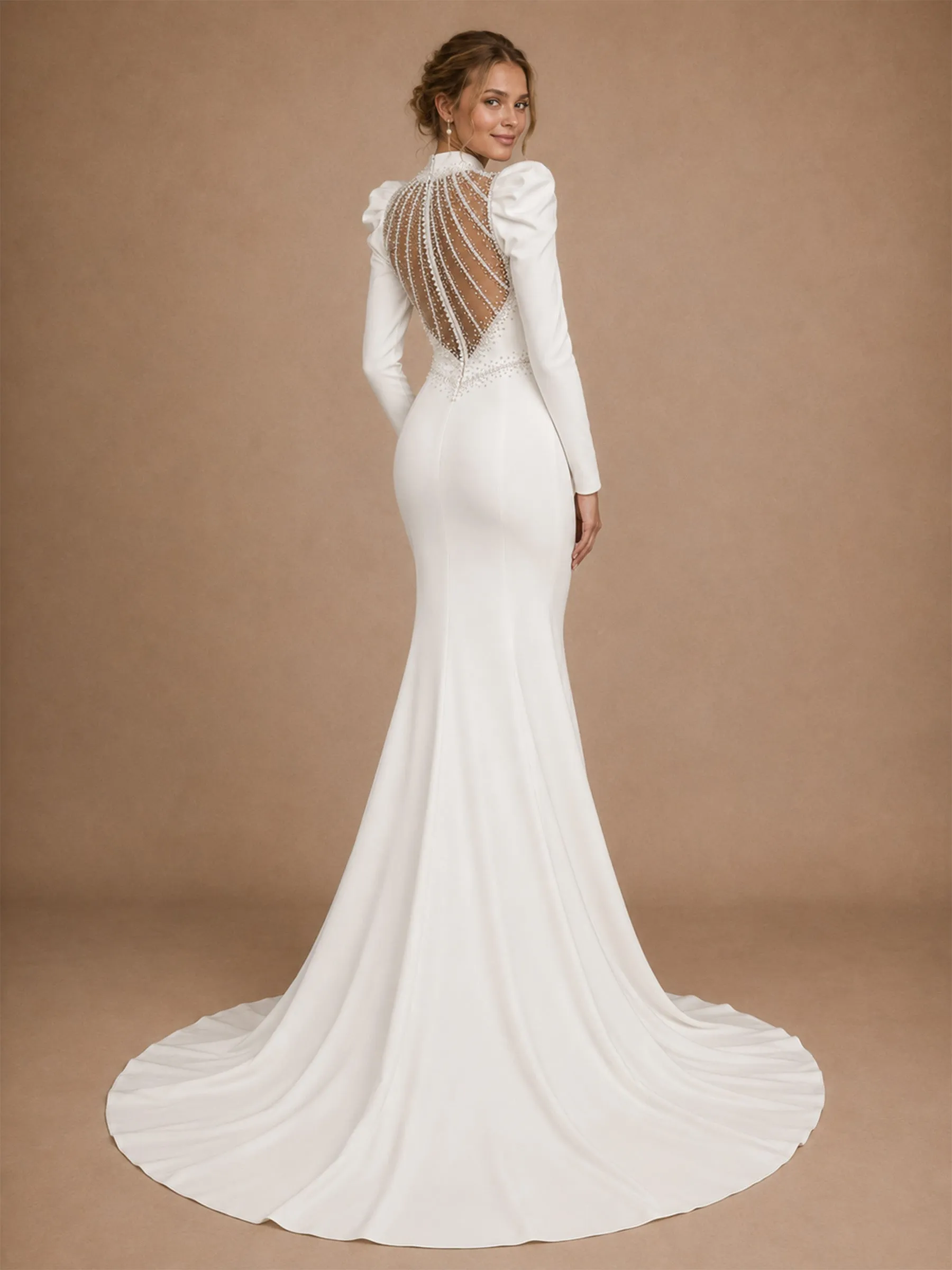 ChicSew Modern Classy High Neck Long Puff Sleeves Beaded Satin Mermaid Wedding Dresses sold by ChicSew product image thumbnail 4