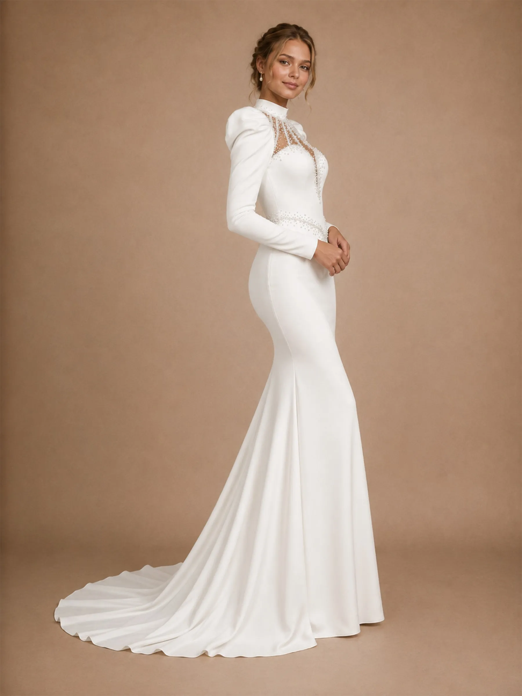 ChicSew Modern Classy High Neck Long Puff Sleeves Beaded Satin Mermaid Wedding Dresses sold by ChicSew product image thumbnail 3