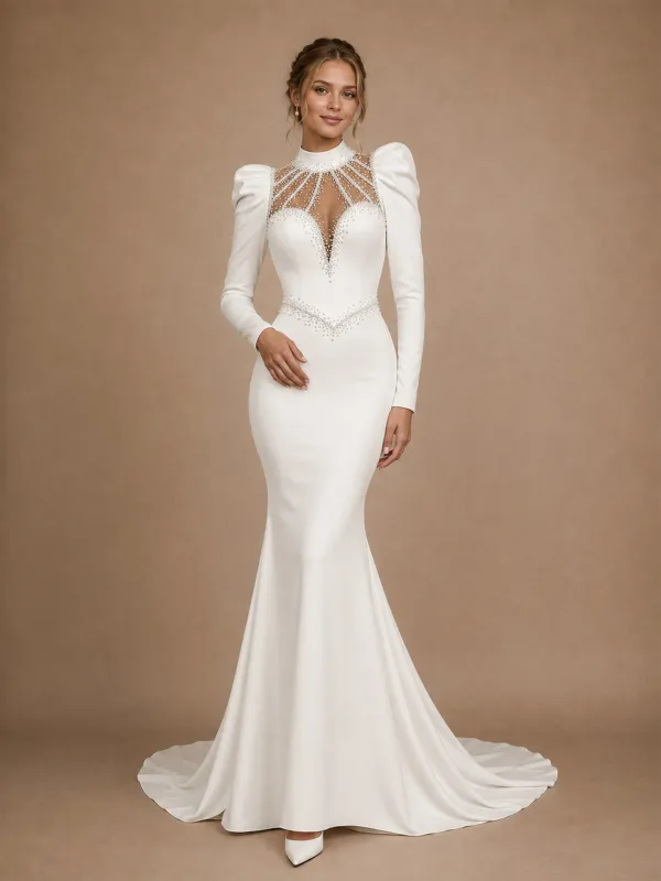 ChicSew Modern Classy High Neck Long Puff Sleeves Beaded Satin Mermaid Wedding Dresses made by ChicSew