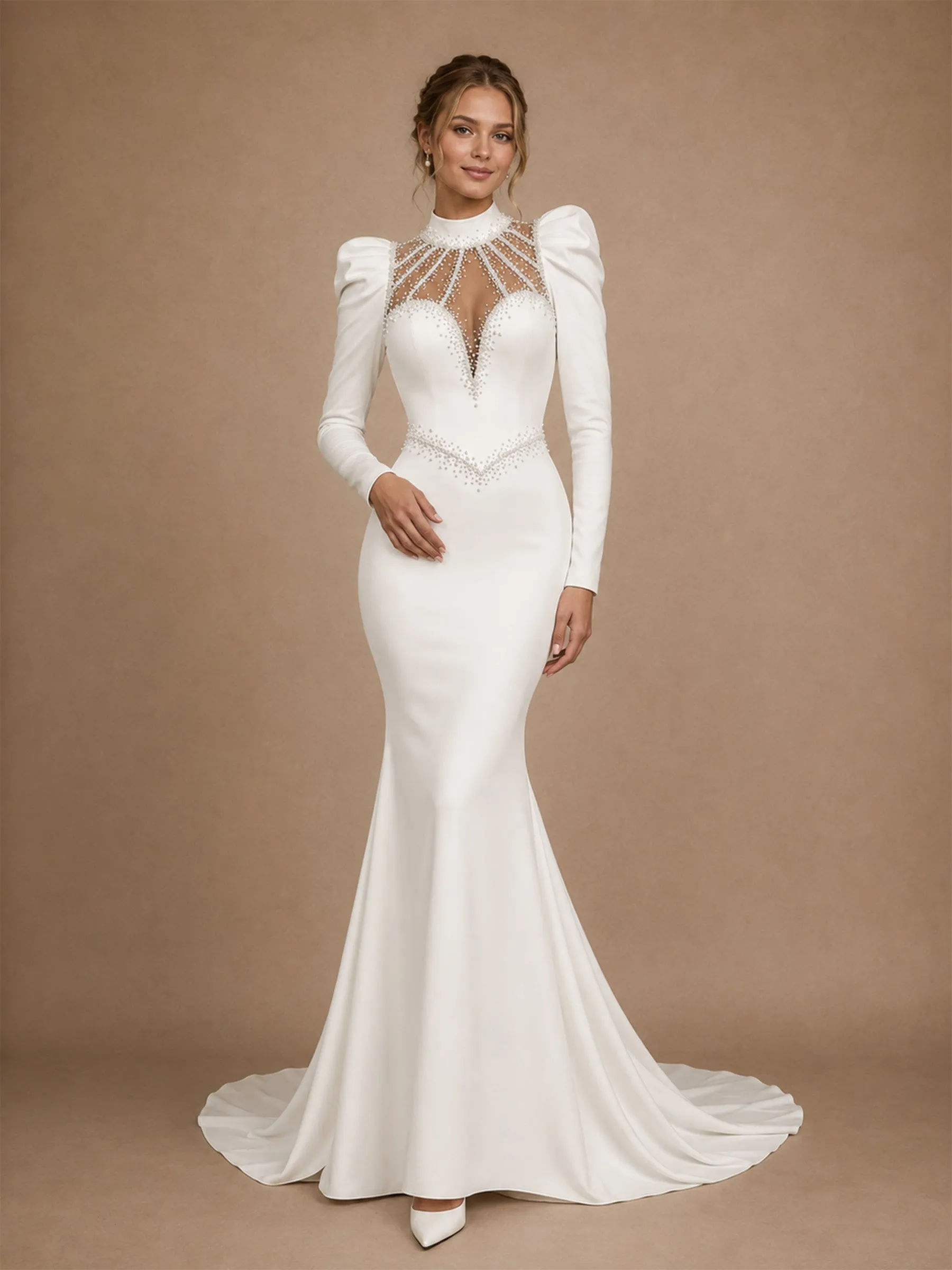 ChicSew Modern Classy High Neck Long Puff Sleeves Beaded Satin Mermaid Wedding Dresses sold by ChicSew