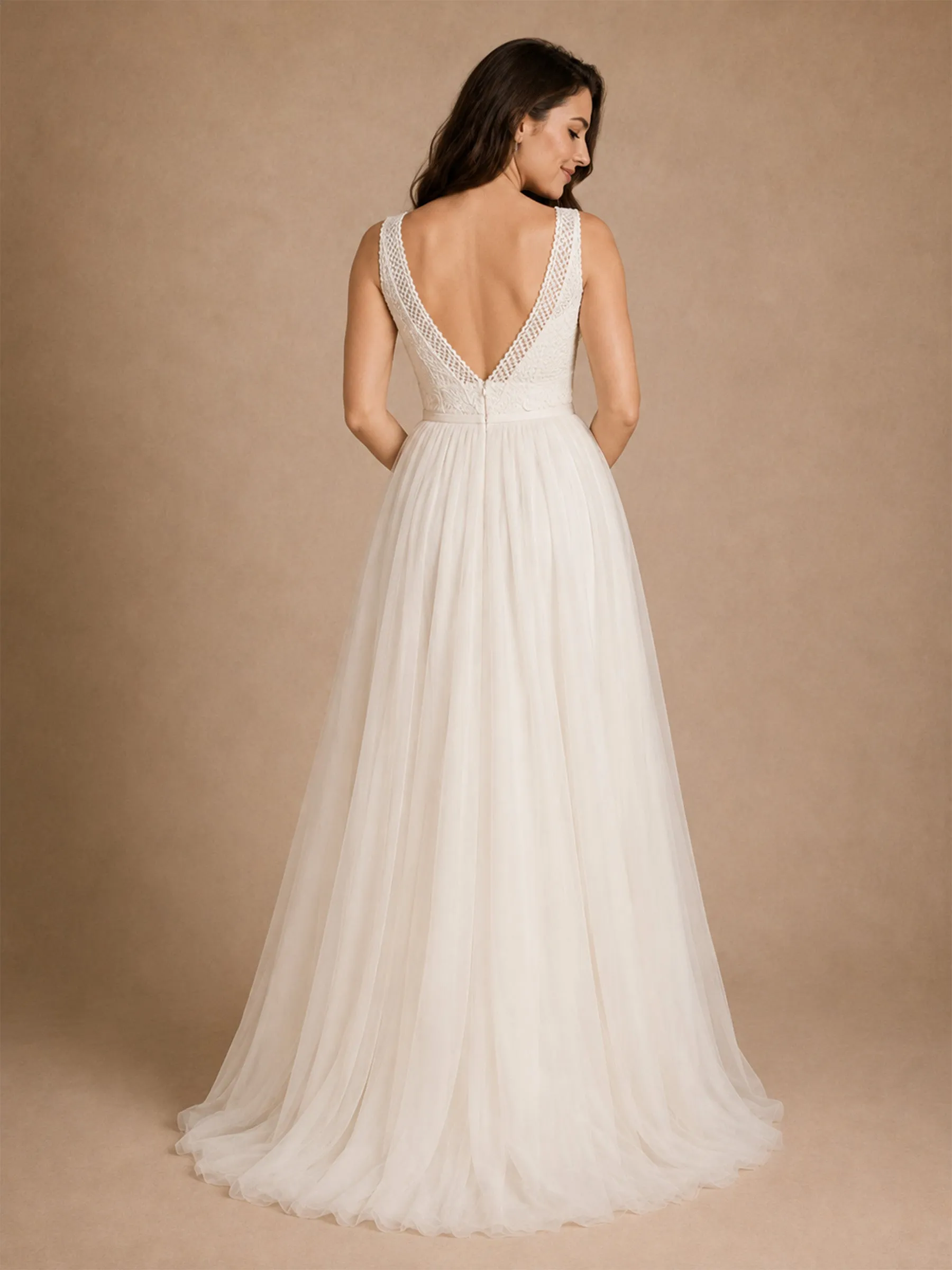 ChicSew Elegant Spaghetti Straps V-Neck A-Line Lace Tulle Long Wedding Dresses sold by ChicSew product image thumbnail 3