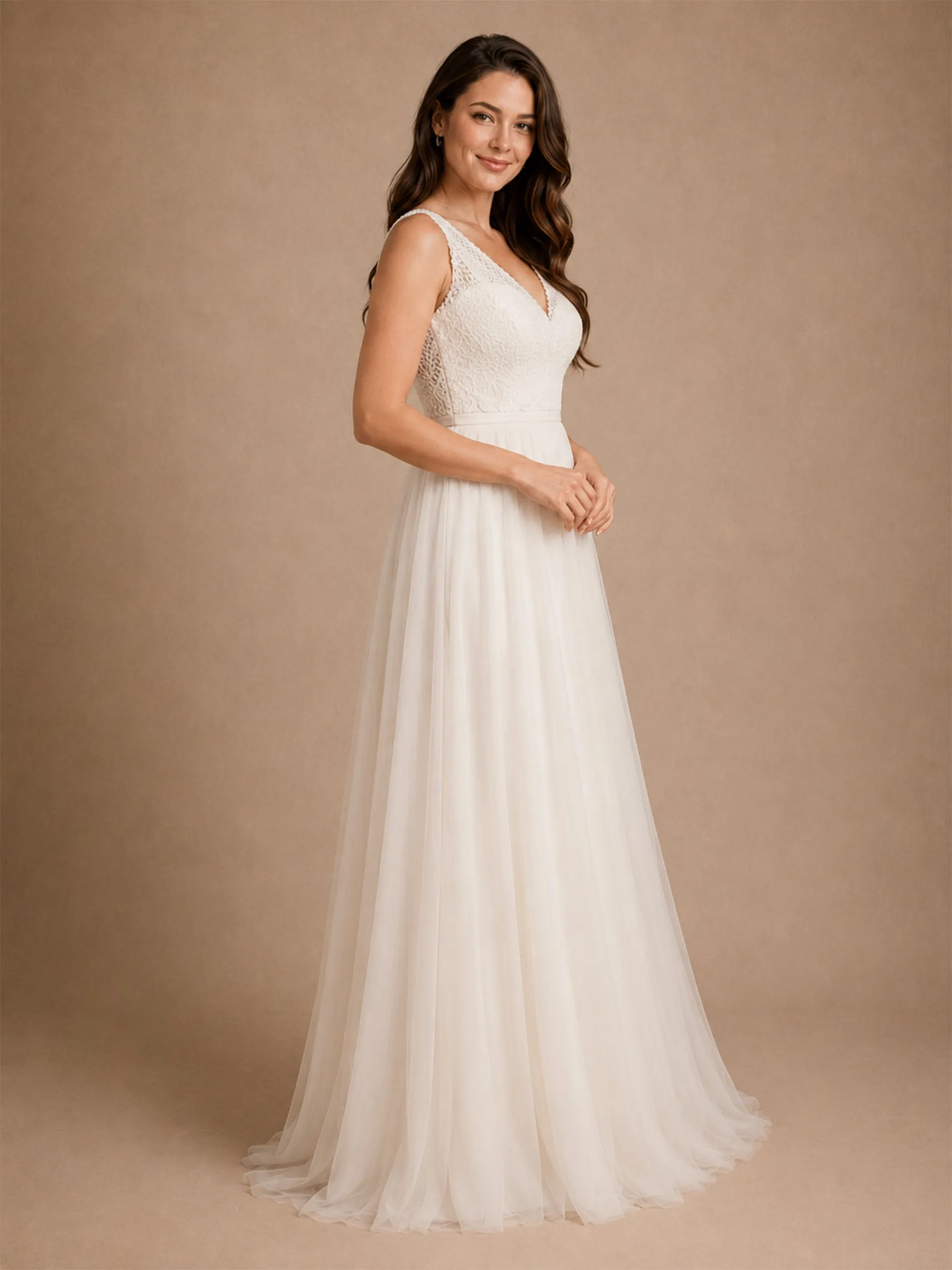 ChicSew Elegant Spaghetti Straps V-Neck A-Line Lace Tulle Long Wedding Dresses sold by ChicSew product image thumbnail 4