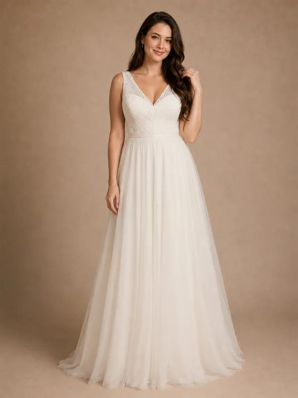 ChicSew Elegant Spaghetti Straps V-Neck A-Line Lace Tulle Long Wedding Dresses made by ChicSew