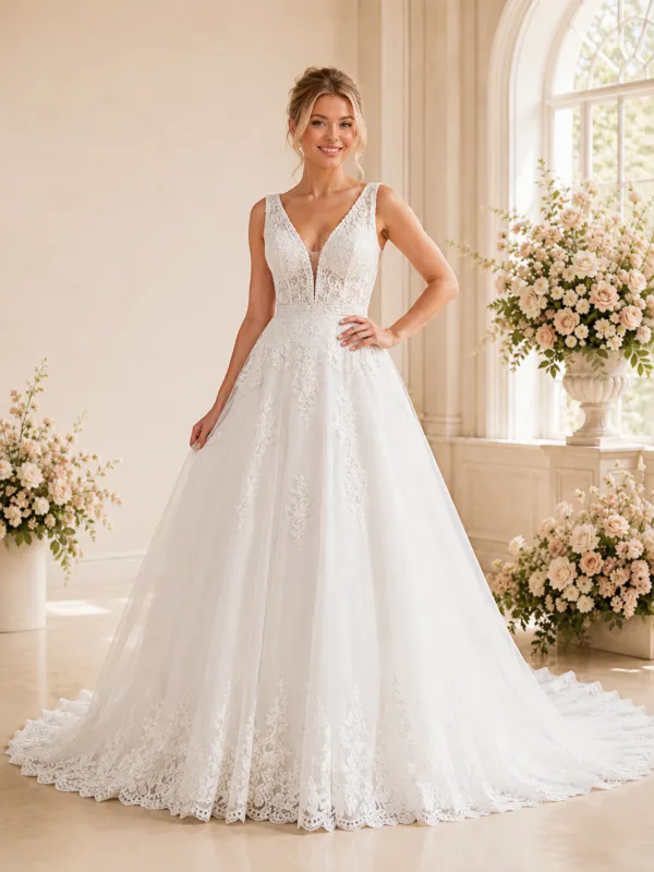 ChicSew Elegant Spaghetti Straps V-Neck A-Line Tulle Long Wedding Dresses With Lace Appliques made by ChicSew