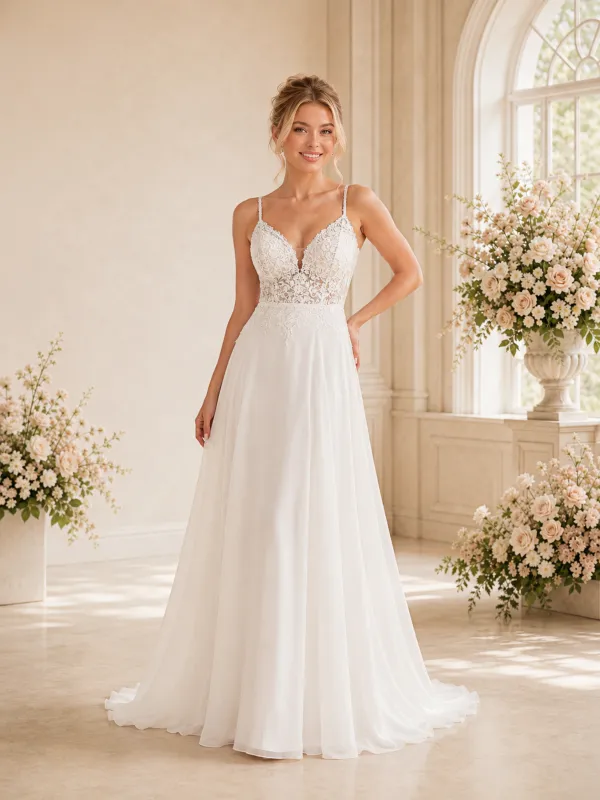 ChicSew Fancy Spaghetti Straps V-Neck A-Line Lace Chiffon Long Wedding Dresses made by ChicSew