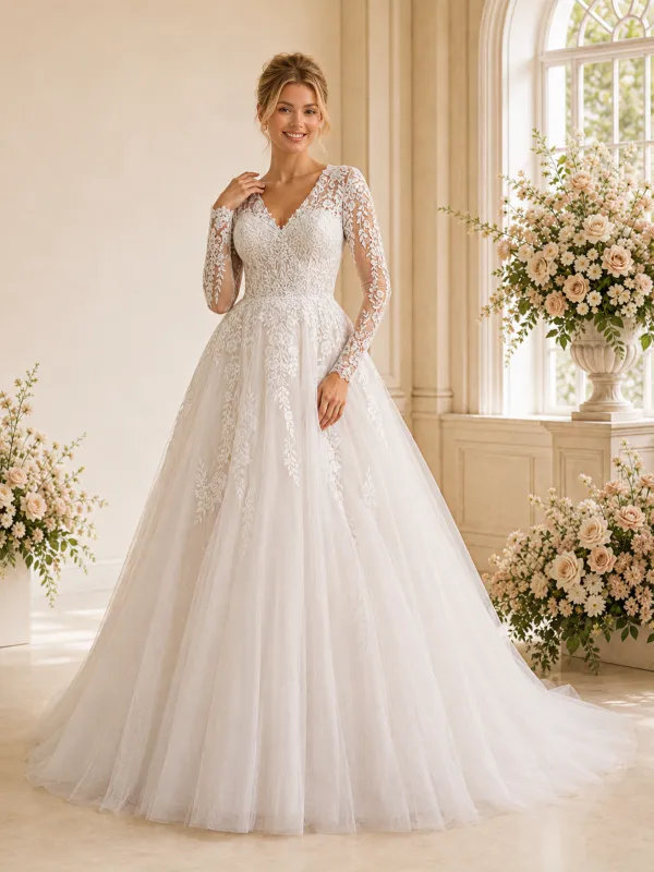 ChicSew Long Sleeves V-Neck A-Line Lace Tulle Floor Length Wedding Dresses made by ChicSew
