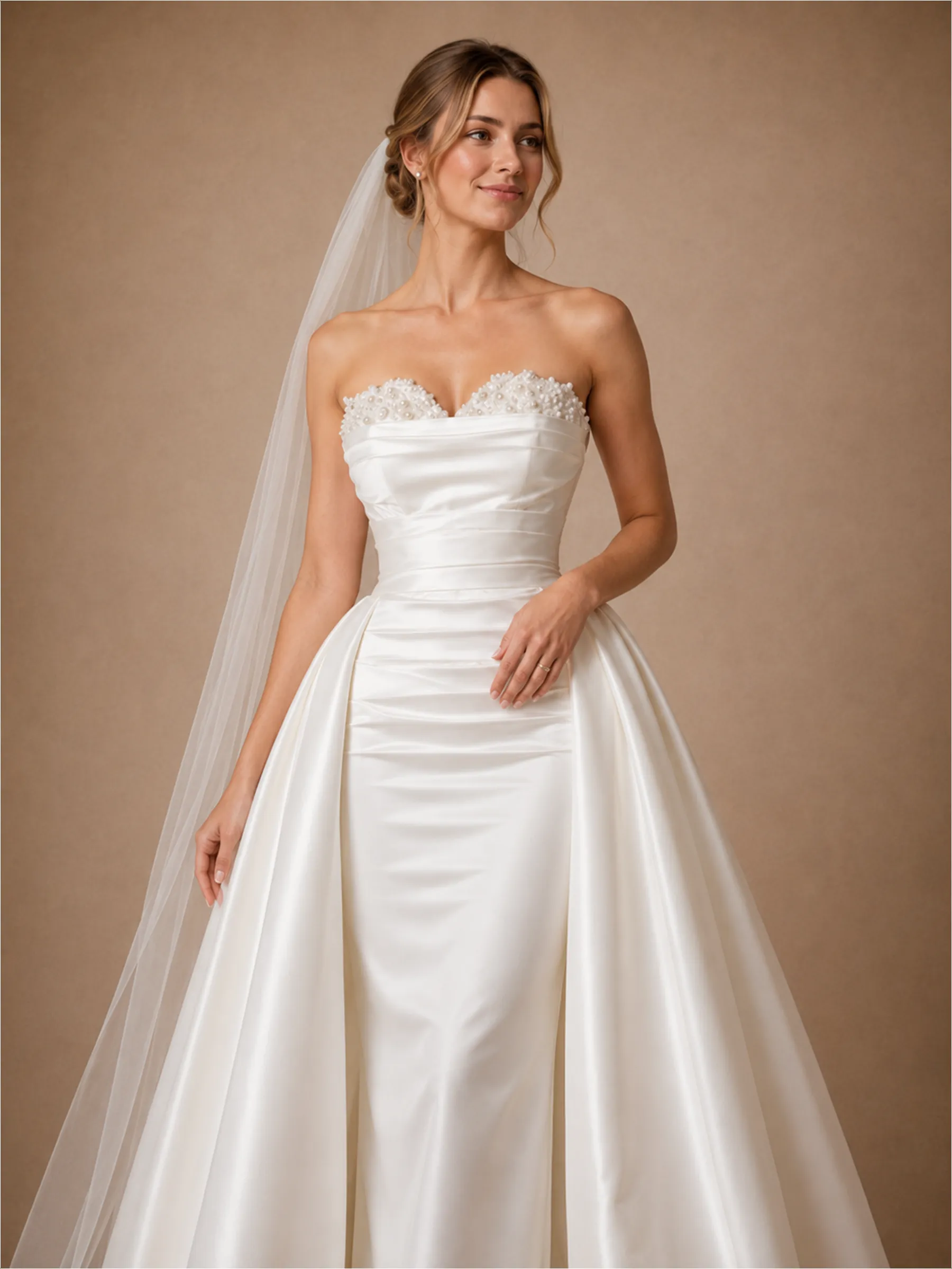 ChicSew Unique Sweetheart Beading Ruching Satin Mermaid Wedding Dresses With Overskirt sold by ChicSew product image thumbnail 2