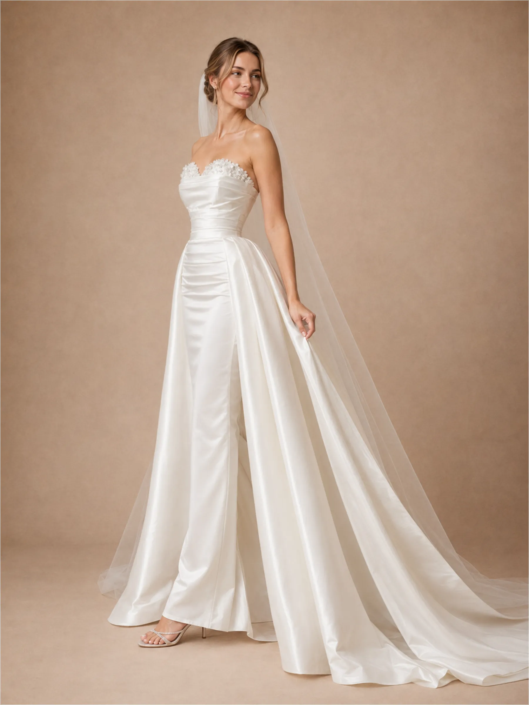 ChicSew Unique Sweetheart Beading Ruching Satin Mermaid Wedding Dresses With Overskirt sold by ChicSew product image thumbnail 4