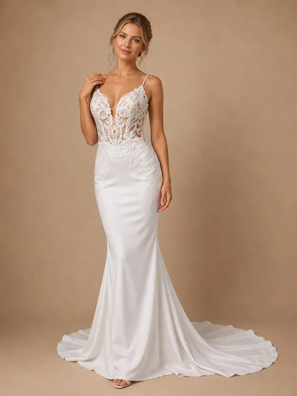 ChicSew Unique Spaghetti Straps V-Neck Lace Satin Mermaid Wedding Dresses made by ChicSew