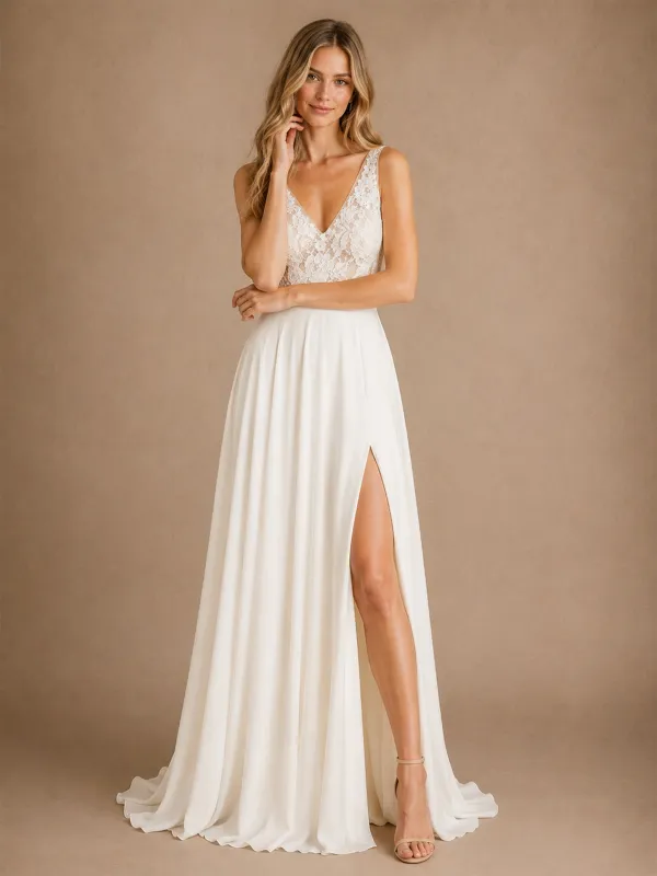ChicSew Beautiful Sexy Lace Applique V-Neck Chiffon A-Line Maxi Wedding Dresses With Side Slit made by ChicSew