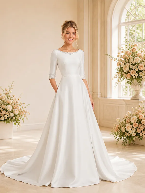 ChicSew Elegant Bateau Half Sleeves Satin A-Line Long Wedding Dresses With Beading made by ChicSew