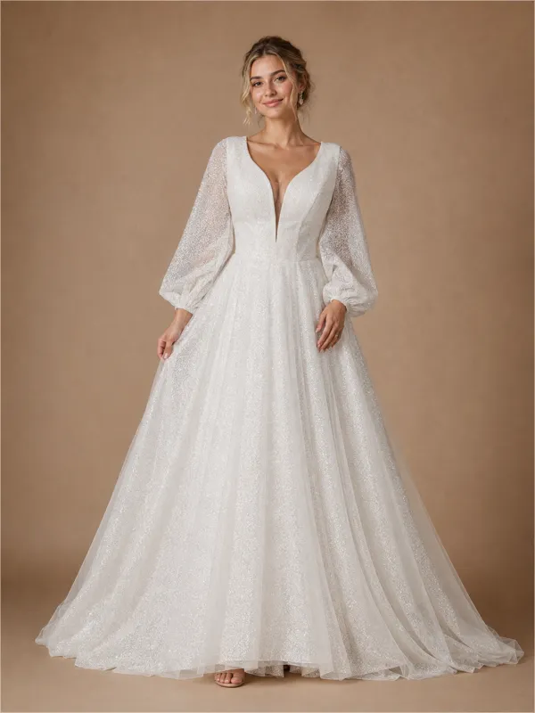 ChicSew Romantic Elegant V-Neck A-Line Glitter Tulle Long Sleeves Maxi Wedding Dresses made by ChicSew