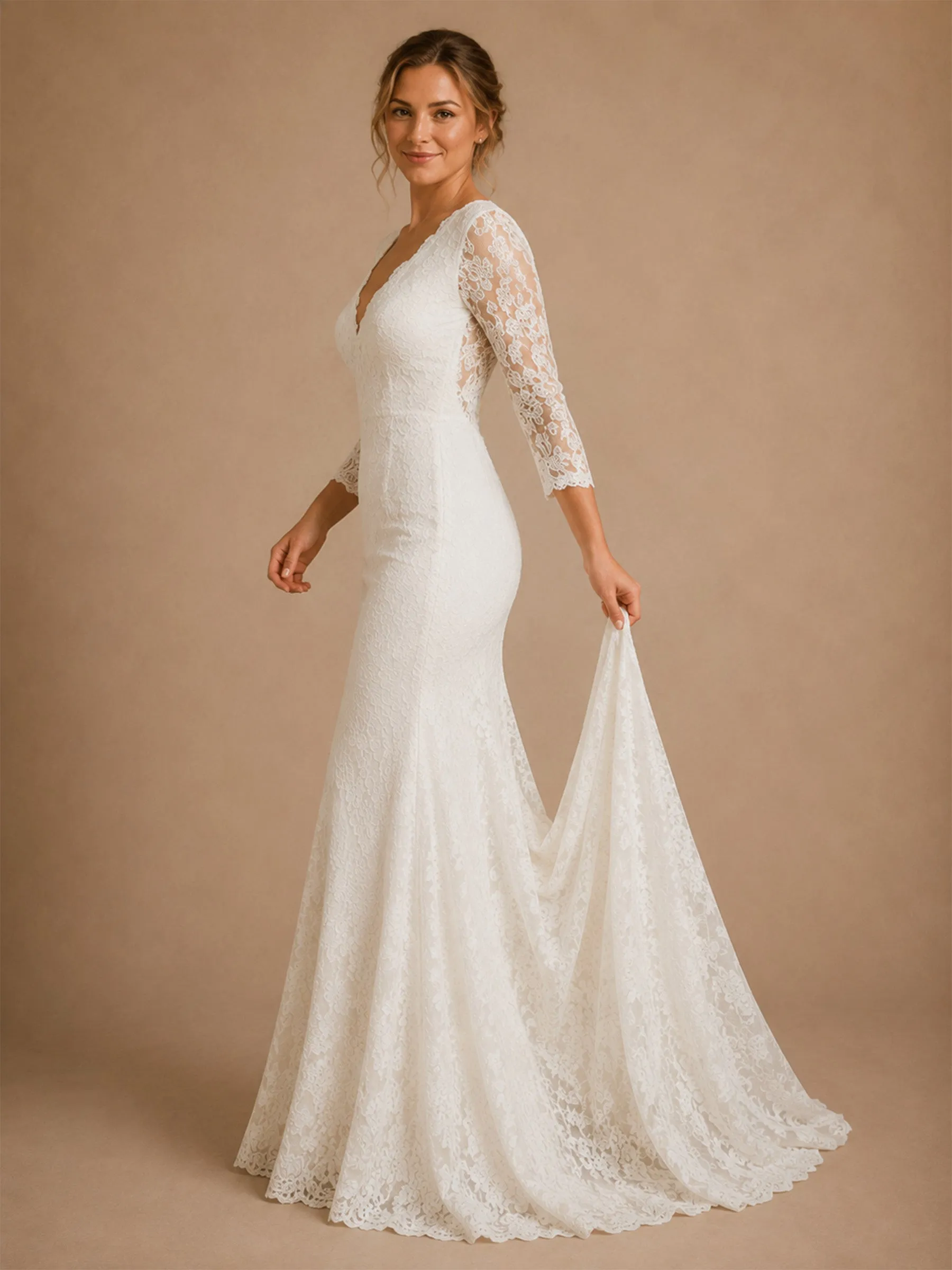 ChicSew Beautiful Fancy V-Neck Mermaid Lace Applique Tulle 3/4 Sleeves Long Wedding Dresses sold by ChicSew product image thumbnail 4
