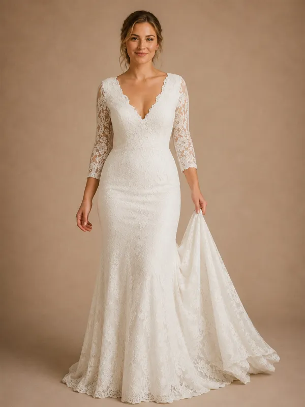 ChicSew Beautiful Fancy V-Neck Mermaid Lace Applique Tulle 3/4 Sleeves Long Wedding Dresses made by ChicSew