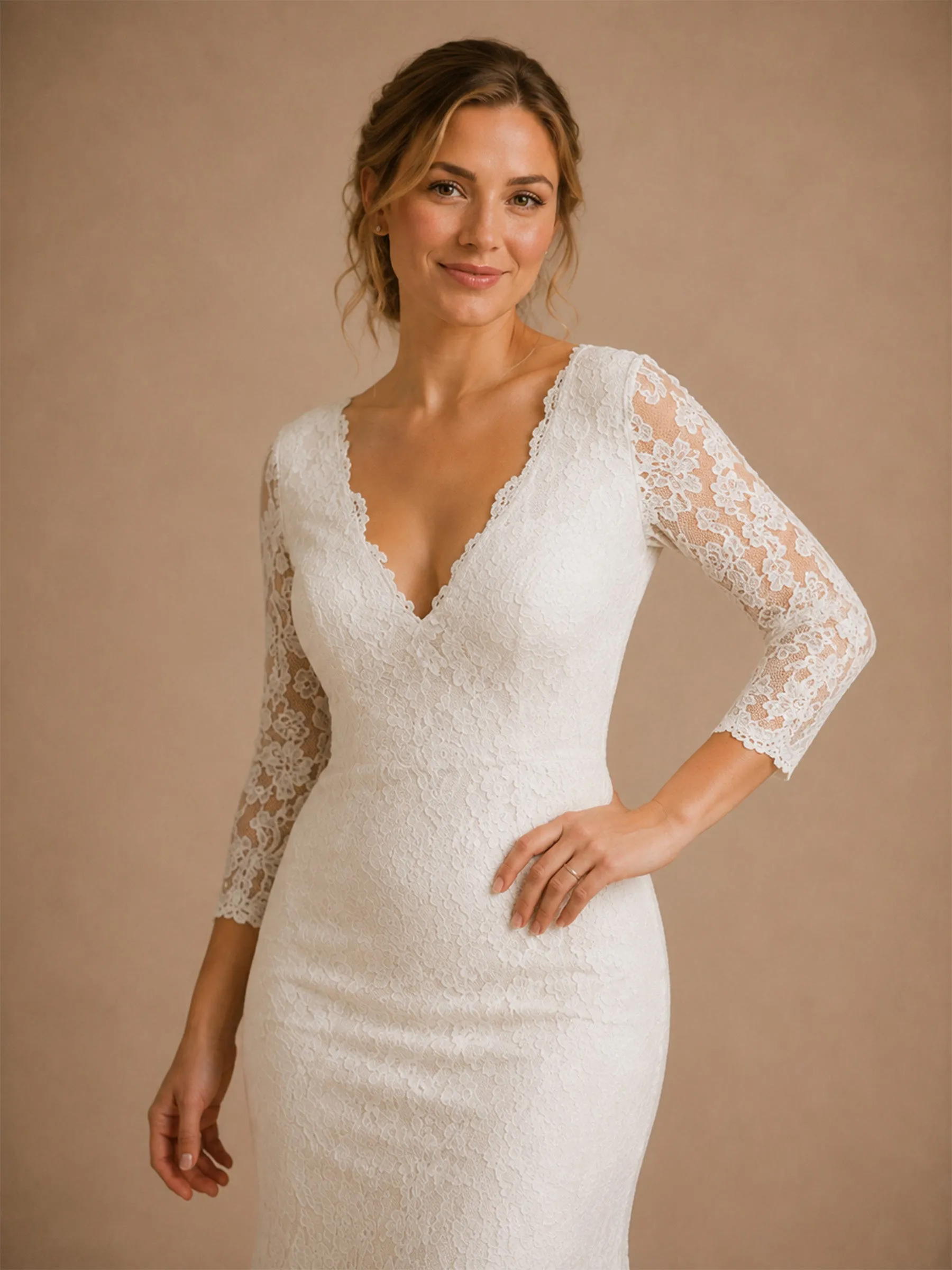 ChicSew Beautiful Fancy V-Neck Mermaid Lace Applique Tulle 3/4 Sleeves Long Wedding Dresses sold by ChicSew product image thumbnail 2