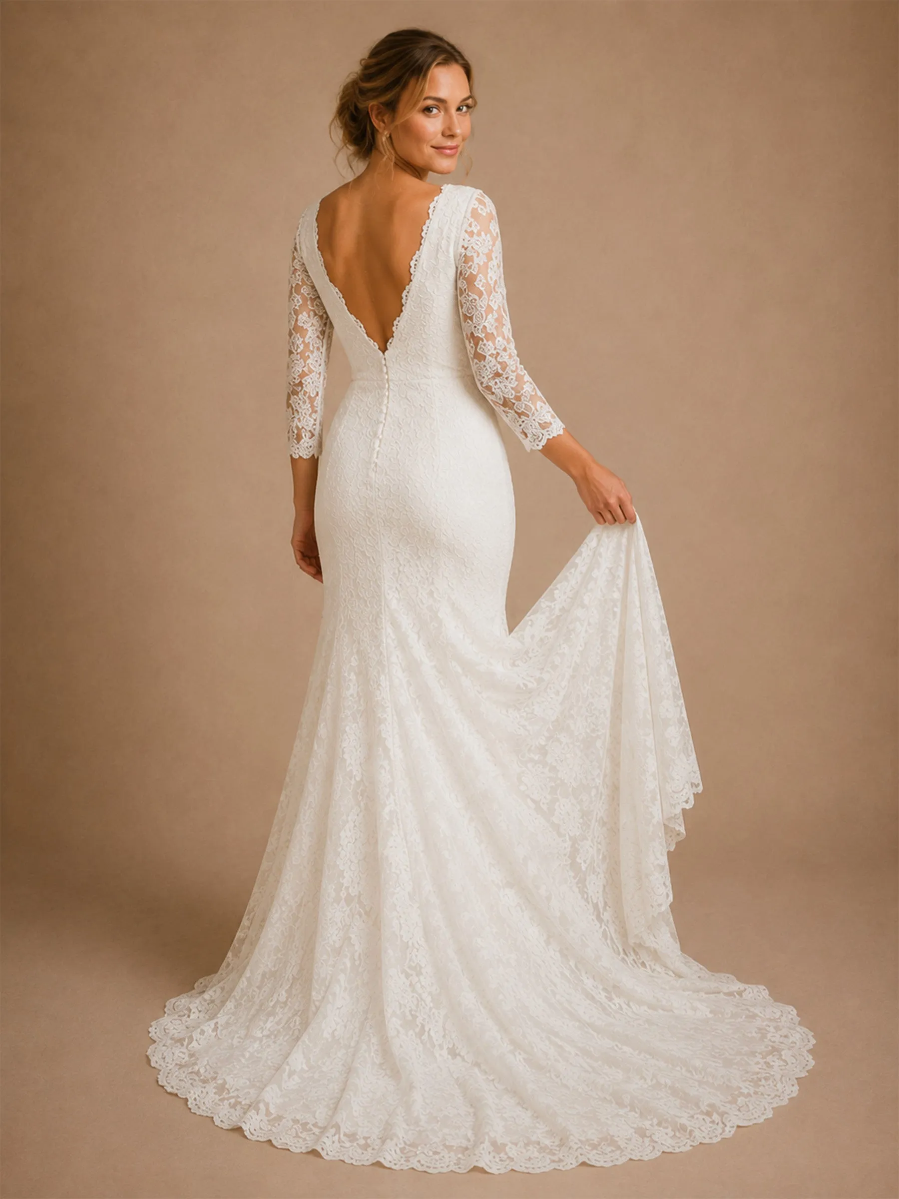 ChicSew Beautiful Fancy V-Neck Mermaid Lace Applique Tulle 3/4 Sleeves Long Wedding Dresses sold by ChicSew product image thumbnail 3