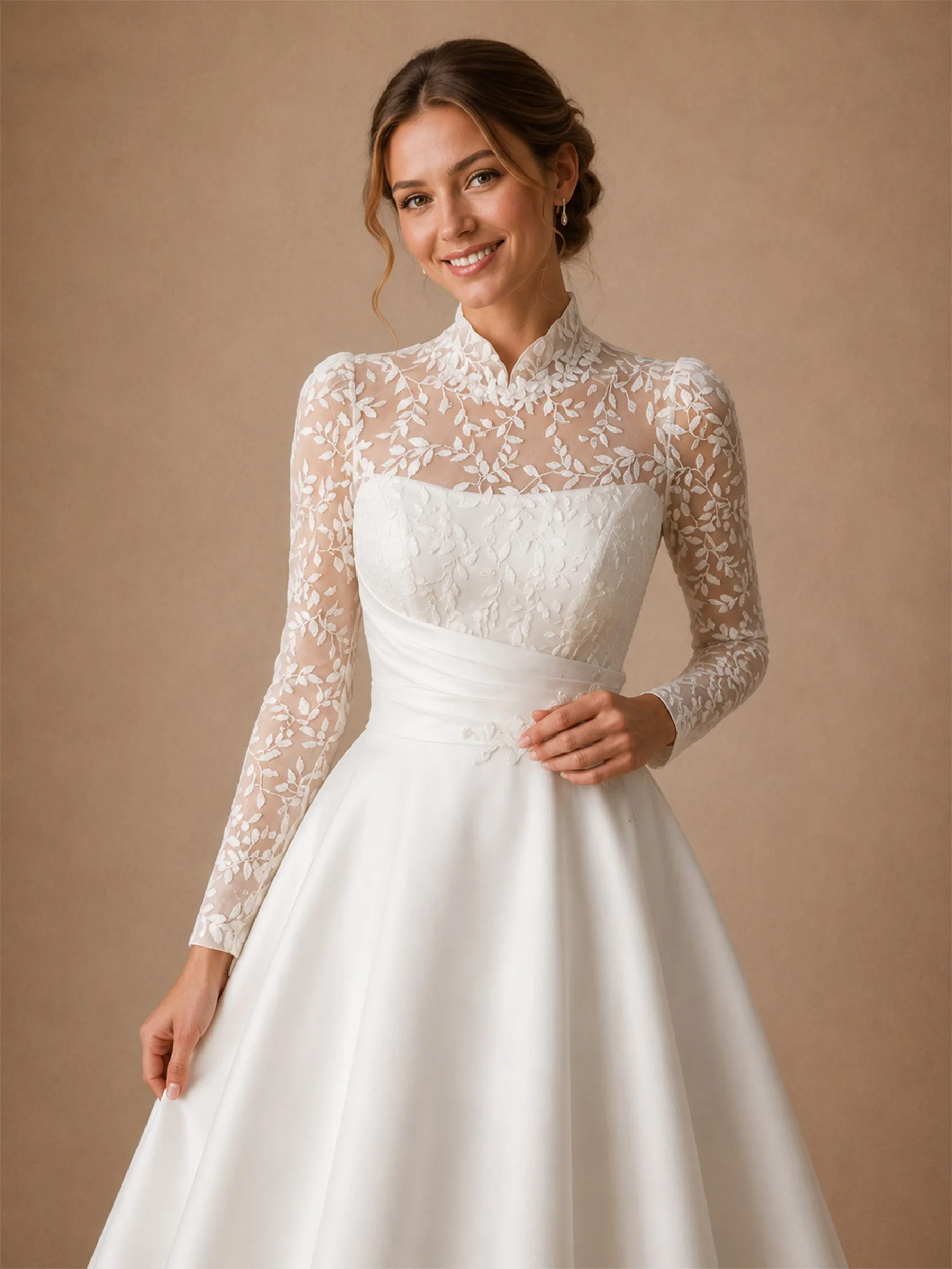 ChicSew Elegant High Neck Long Sleeves Lace Satin A-Line Long Wedding Dresses sold by ChicSew product image thumbnail 2