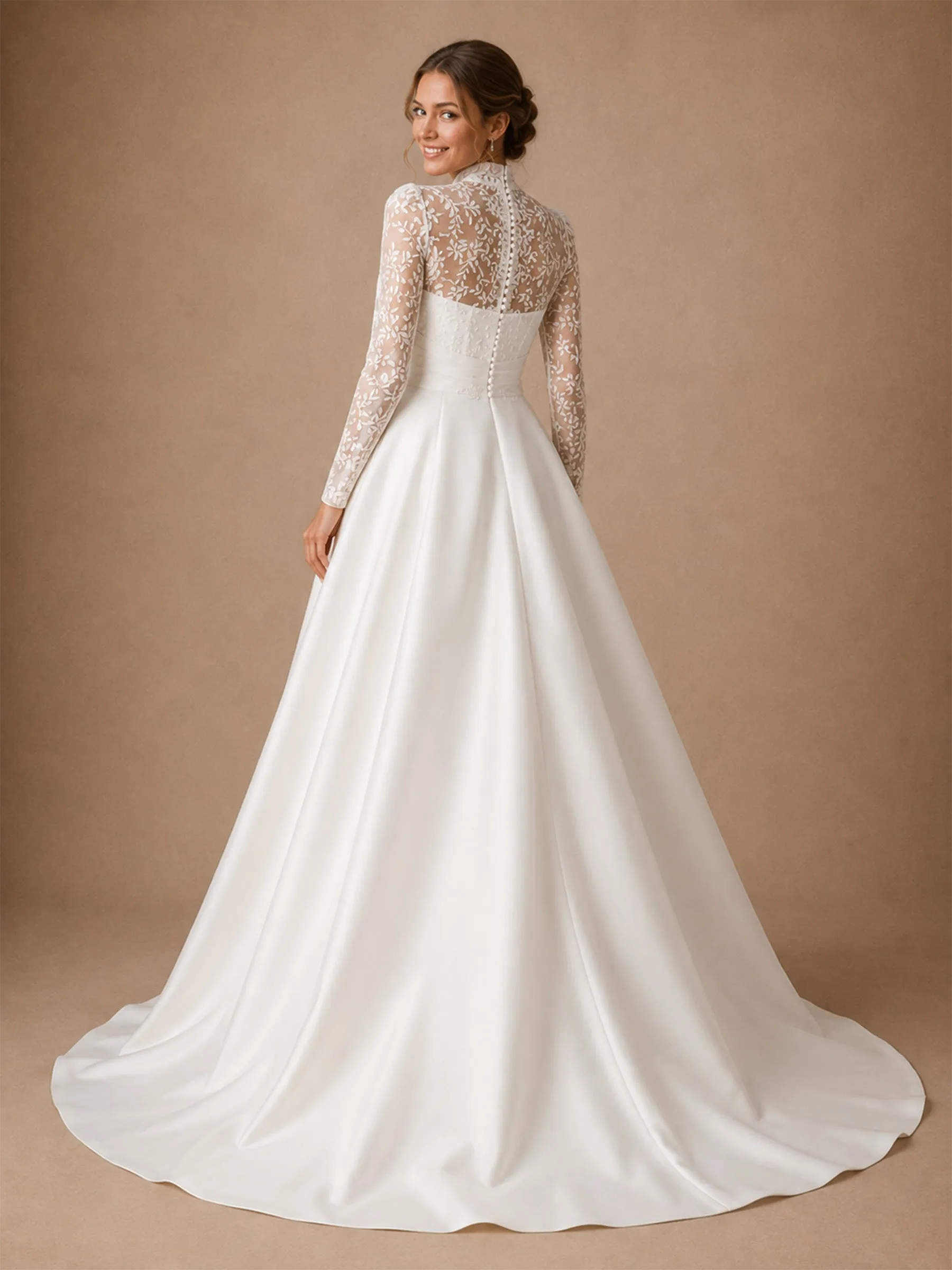 ChicSew Elegant High Neck Long Sleeves Lace Satin A-Line Long Wedding Dresses sold by ChicSew product image thumbnail 3