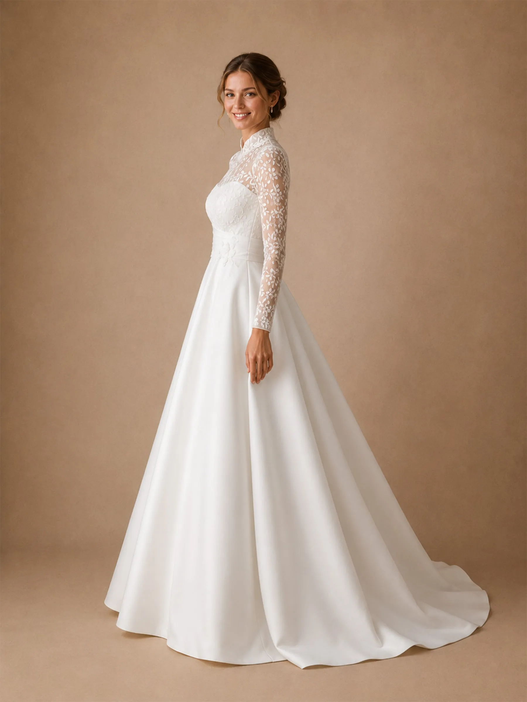 ChicSew Elegant High Neck Long Sleeves Lace Satin A-Line Long Wedding Dresses sold by ChicSew product image thumbnail 4