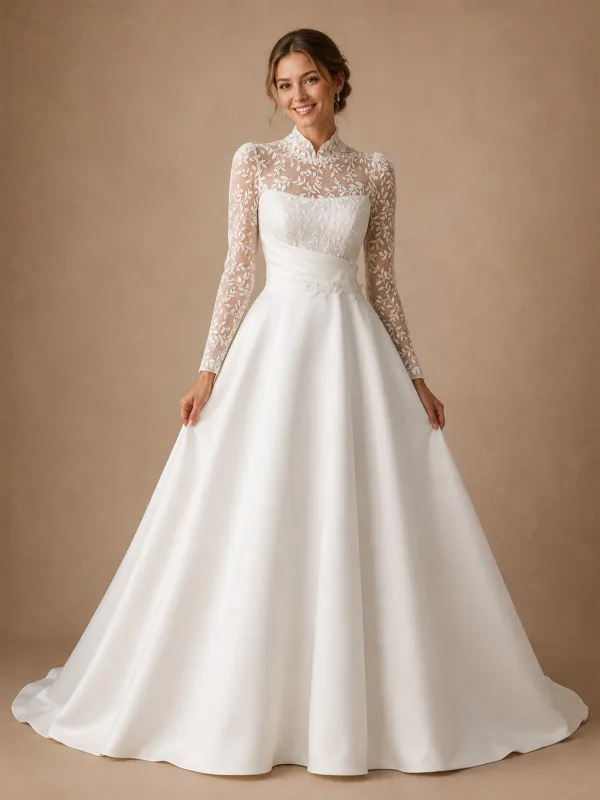 ChicSew Elegant High Neck Long Sleeves Lace Satin A-Line Long Wedding Dresses made by ChicSew
