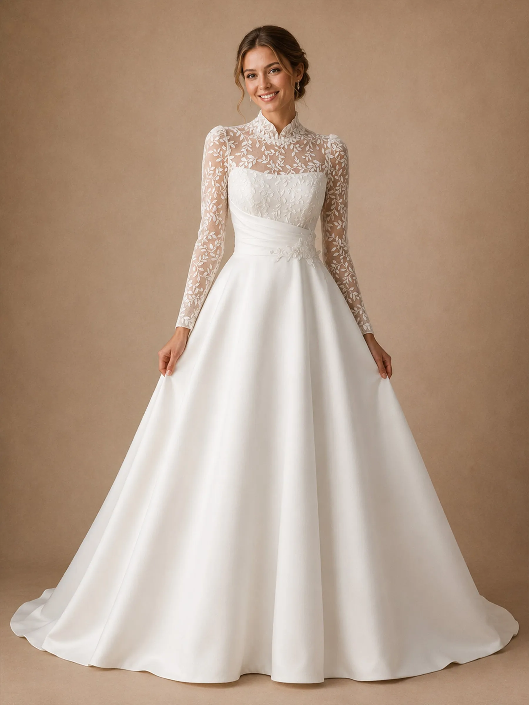 ChicSew Elegant High Neck Long Sleeves Lace Satin A-Line Long Wedding Dresses sold by ChicSew