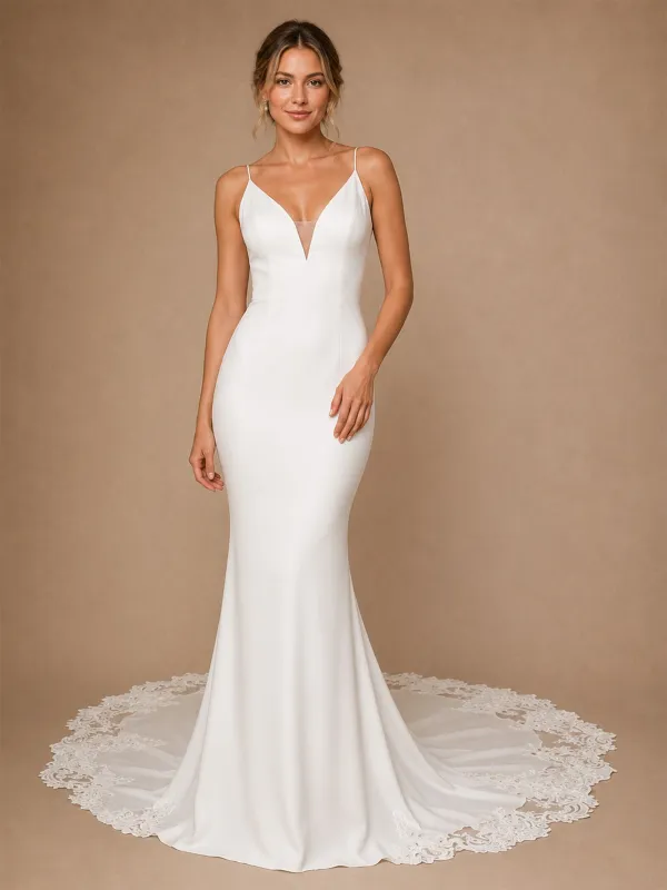 ChicSew Fancy Spaghetti Straps Crepe Mermaid Sleeveless Long Wedding Dresses With Lace Applique made by ChicSew