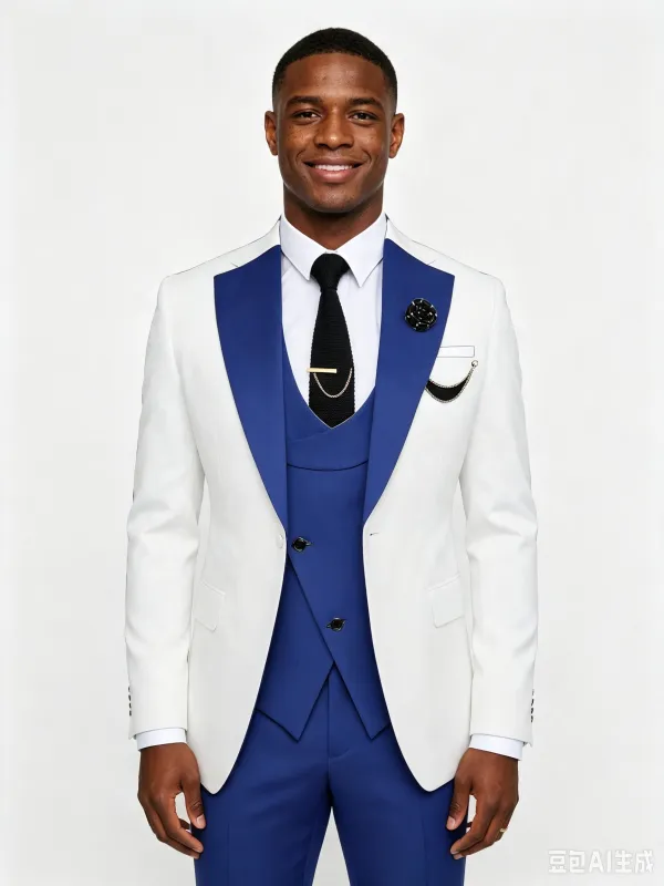 Classic 3 Piece Blue White Men's Suit with Regular Fit and Sophisticated Peak Lapel made by ChicSew