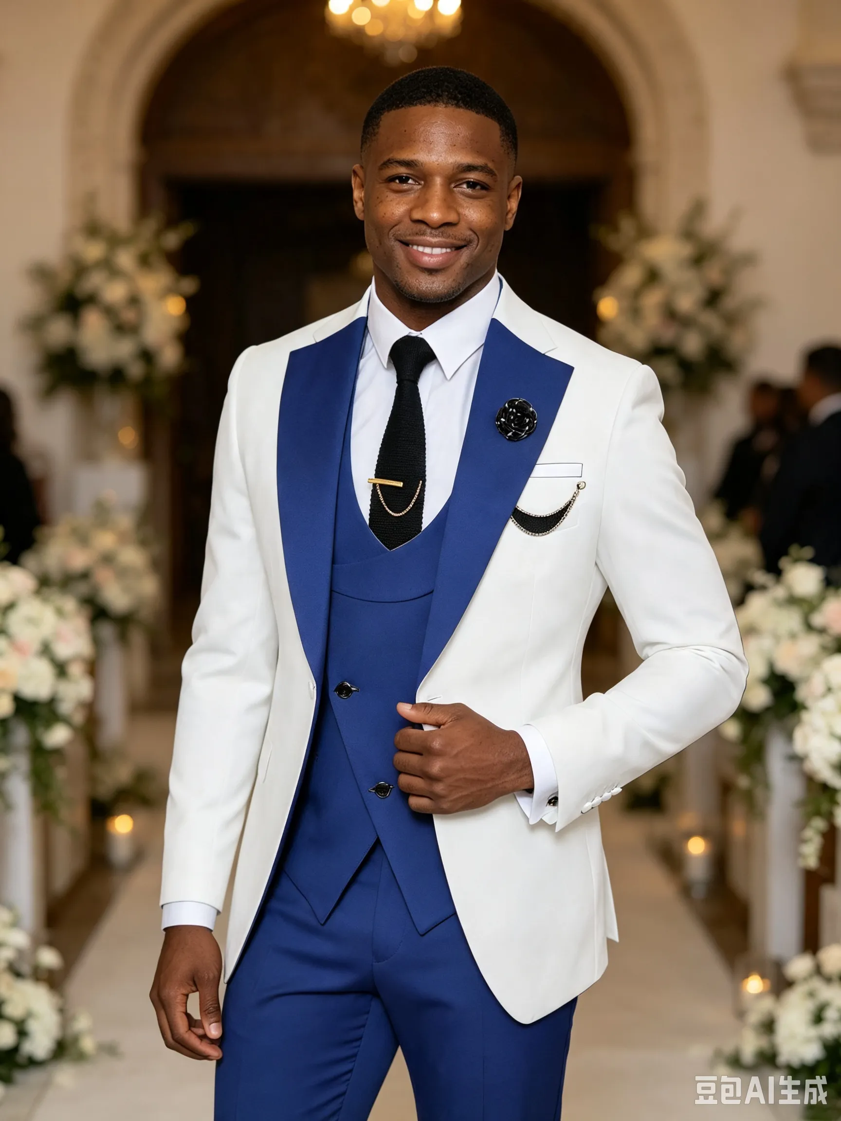 Classic 3 Piece Blue White Men's Suit with Regular Fit and Sophisticated Peak Lapel sold by ChicSew product image thumbnail 4