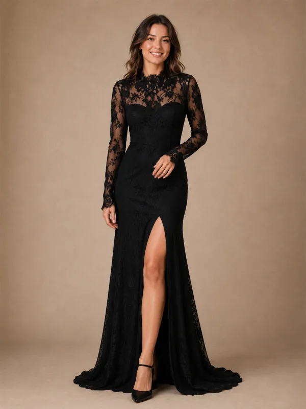 ChicSew Fancy High Neck Long Sleeves Side Slit Lace Mermaid Long Wedding Dresses made by ChicSew