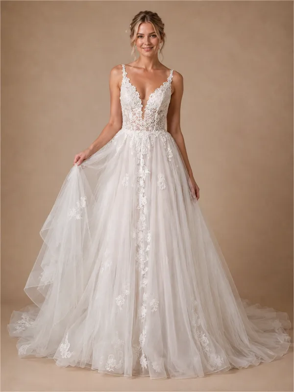 ChicSew Fancy Spaghetti Straps V-Neck A-Line Lace Applique Tulle Maxi Wedding Dresses made by ChicSew