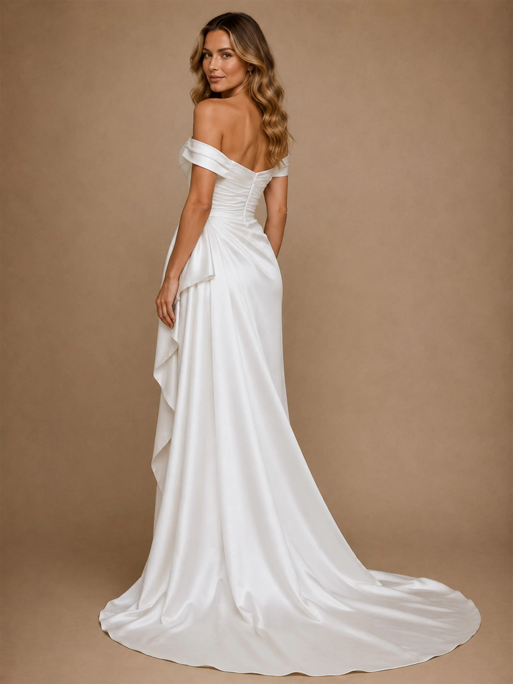 ChicSew Classy Off The Shoulder Satin Ruching Mermaid Side Slit Long Wedding Dresses sold by ChicSew product image thumbnail 3