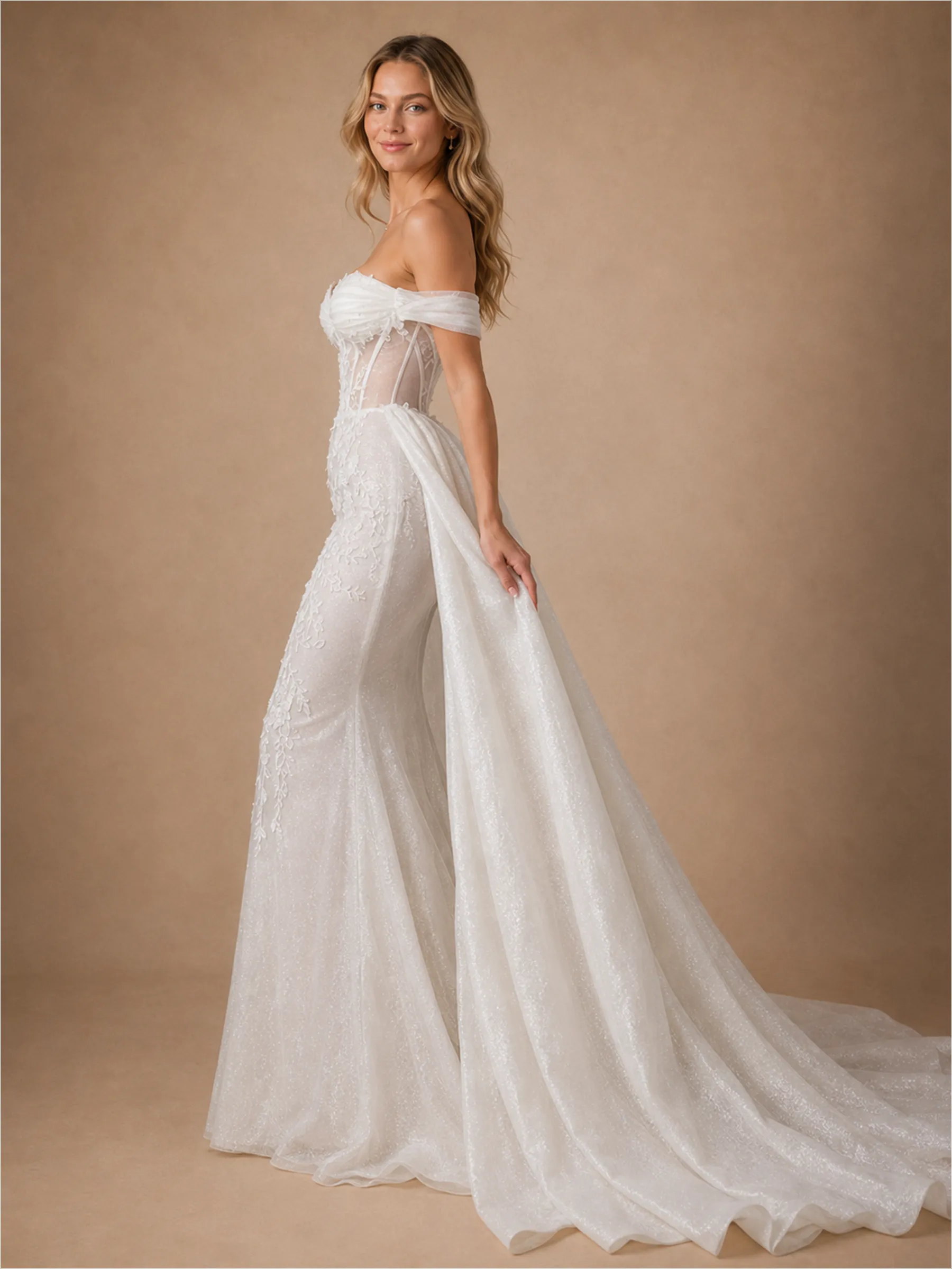ChicSew Unique Romantic Off The Shoulder Boning Lace Tulle Mermaid Wedding Dresses With Overskirt sold by ChicSew product image thumbnail 4