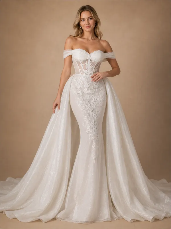 ChicSew Unique Romantic Off The Shoulder Boning Lace Tulle Mermaid Wedding Dresses With Overskirt made by ChicSew