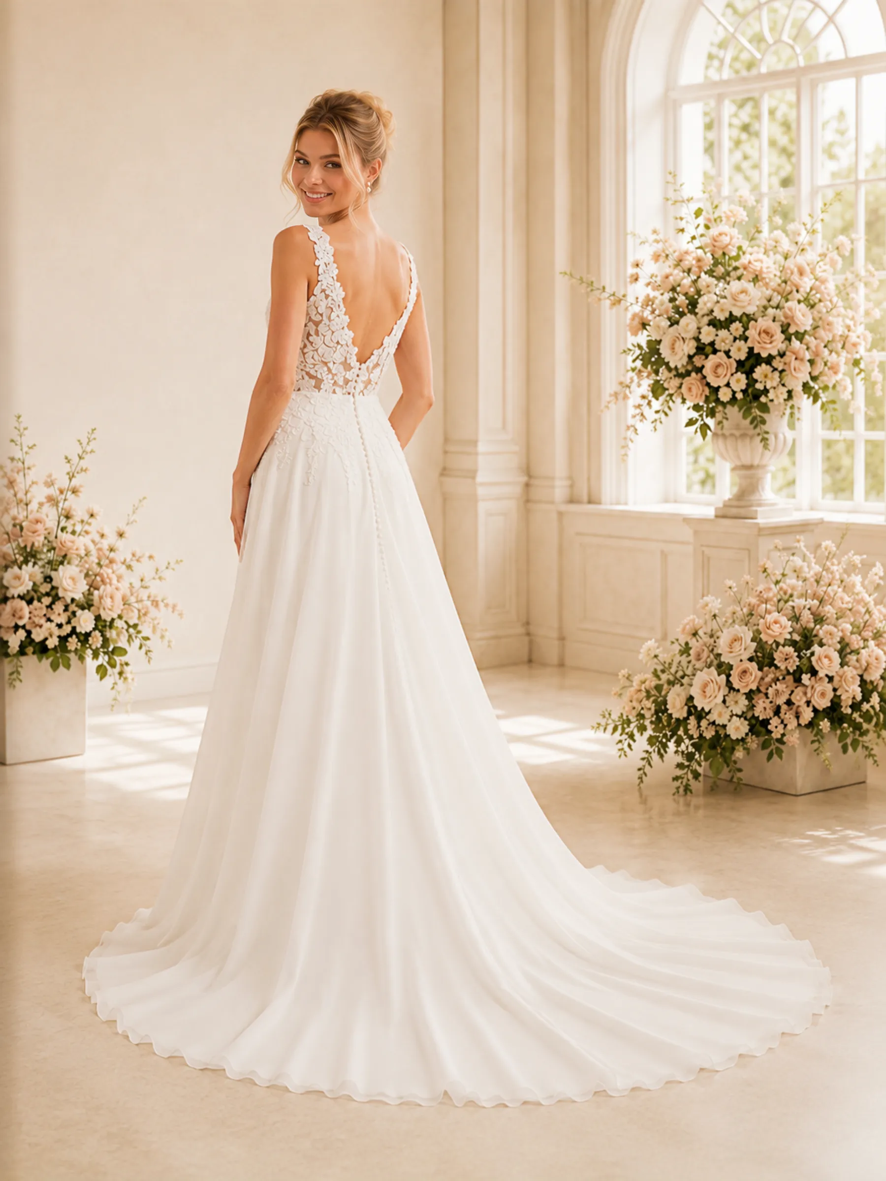 ChicSew Elegant V-Neck A-Line Lace Applique Chiffon Long Wedding Dresses With Train sold by ChicSew product image thumbnail 4