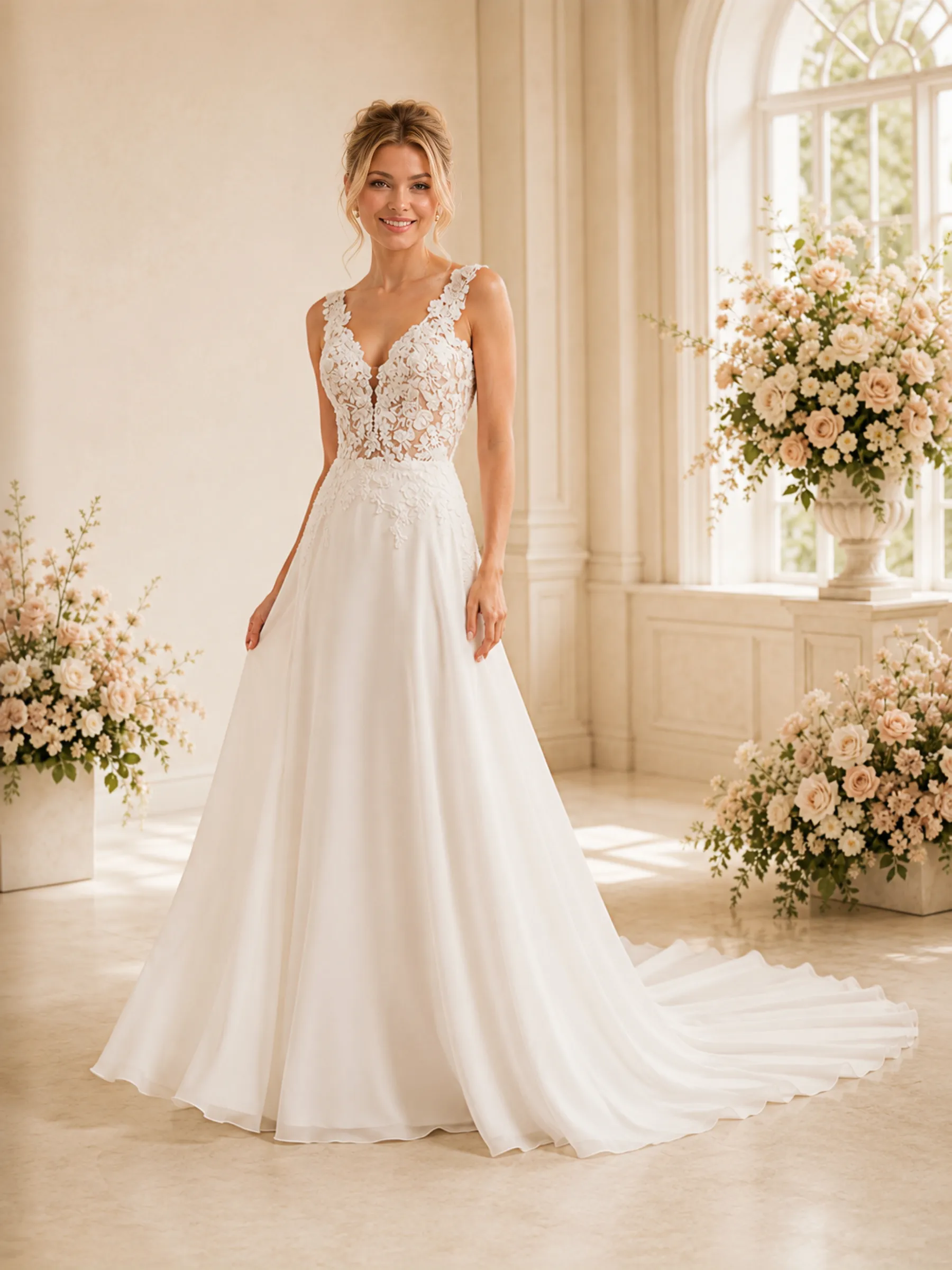 ChicSew Elegant V-Neck A-Line Lace Applique Chiffon Long Wedding Dresses With Train sold by ChicSew