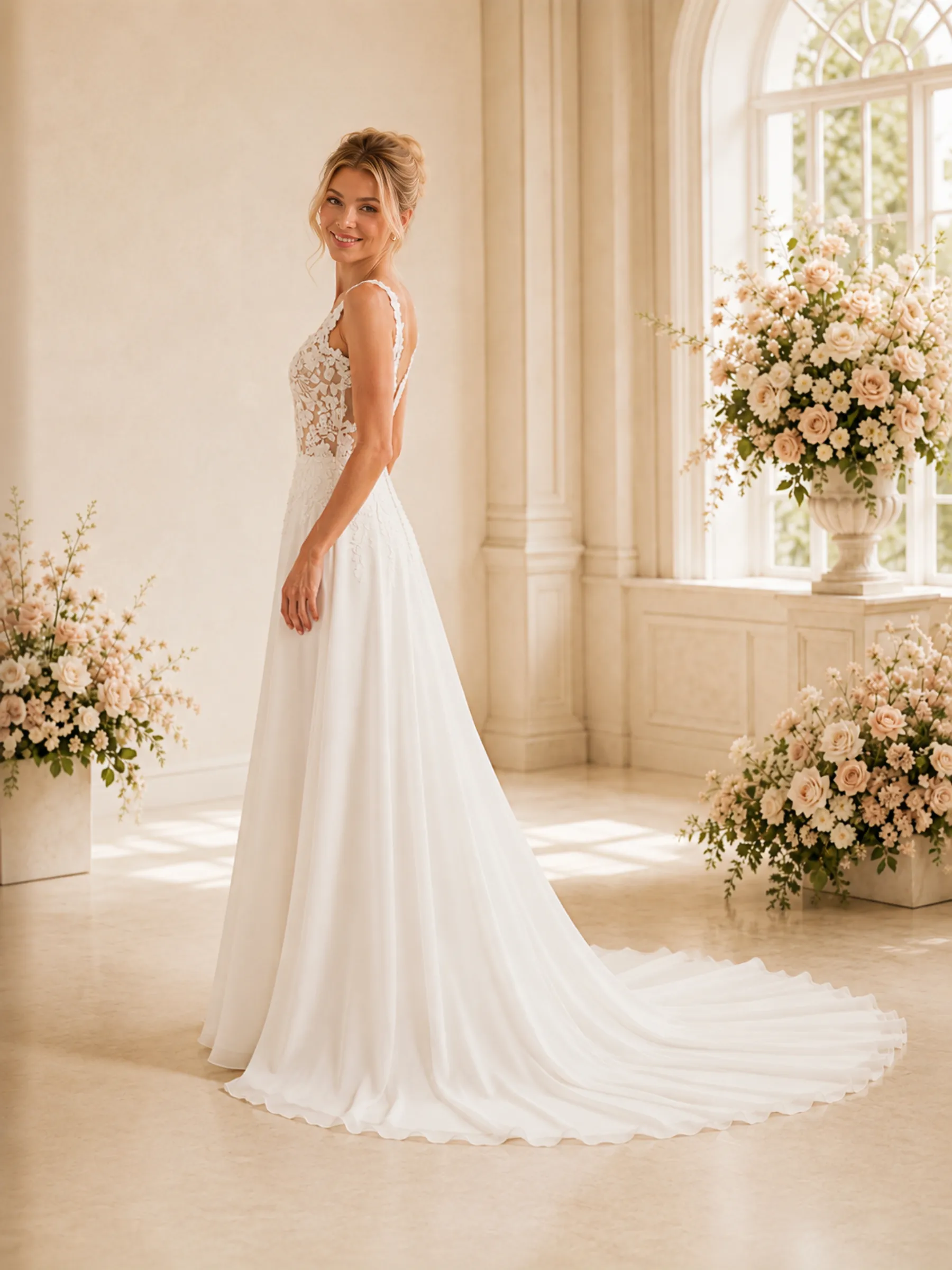 ChicSew Elegant V-Neck A-Line Lace Applique Chiffon Long Wedding Dresses With Train sold by ChicSew product image thumbnail 3