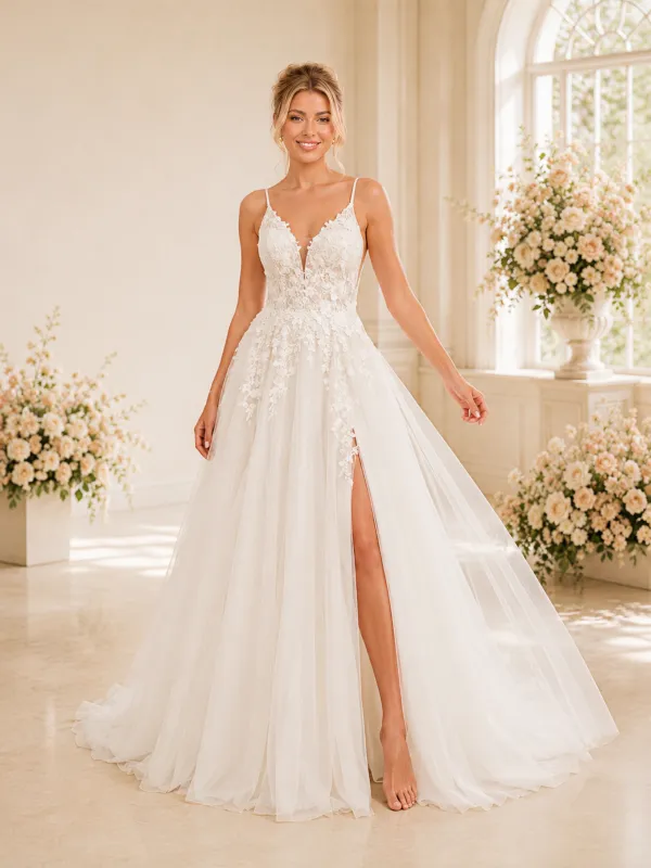 ChicSew Elegant Spaghetti Straps Side Slit A-Line Tulle Long Wedding Dresses With Lace Appliques made by ChicSew