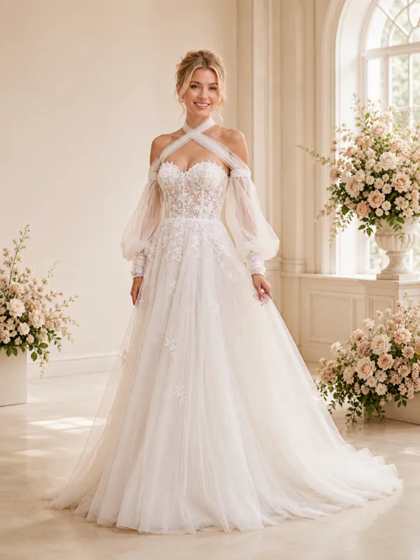 ChicSew Romantic Unique Halter Long Sleeves A-Line Boning Lace Tulle Maxi Wedding Dresses made by ChicSew