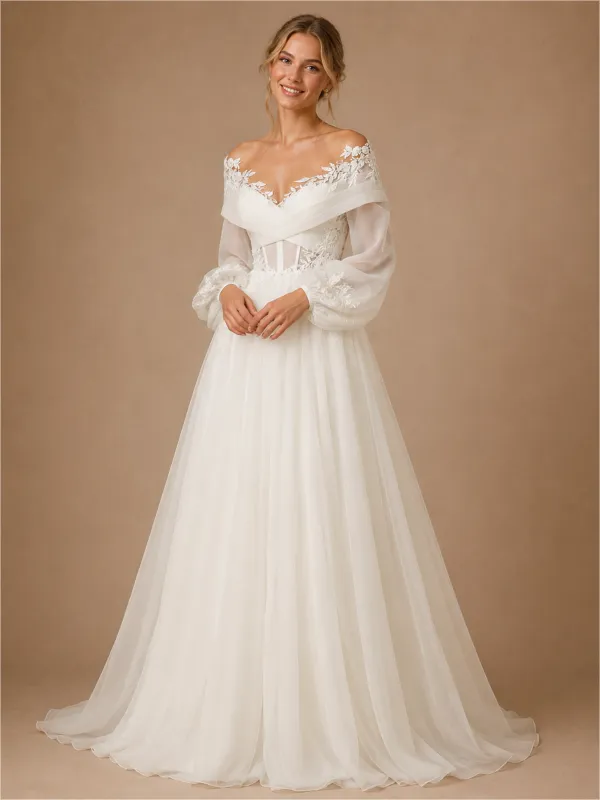 ChicSew Unique Beautiful Off The Shoulder Long Sleeves A-Line Boning Lace Tulle Maxi Wedding Dresses made by ChicSew
