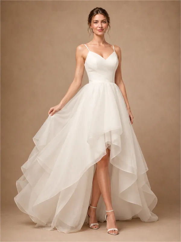 ChicSew Fancy Spaghetti Straps A-Line Chiffon Tulle Pleated High-Low Wedding Dresses With Ruffle made by ChicSew