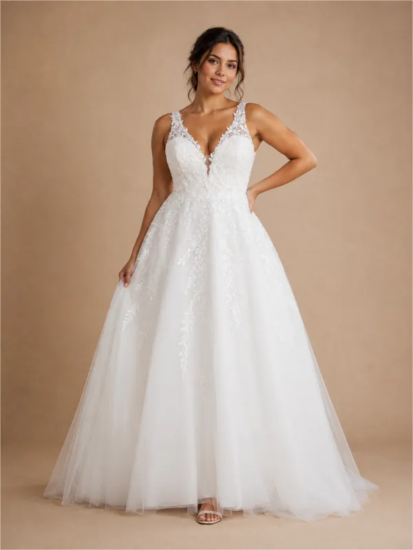 ChicSew Beautiful Fancy Spaghetti Straps V-Neck A-Line Lace Applique Tulle Long Wedding Dresses made by ChicSew