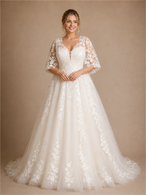 ChicSew Romantic Unique V-Neck A-Line Lace Tulle Flutter Sleeves Maxi Wedding Dresses made by ChicSew