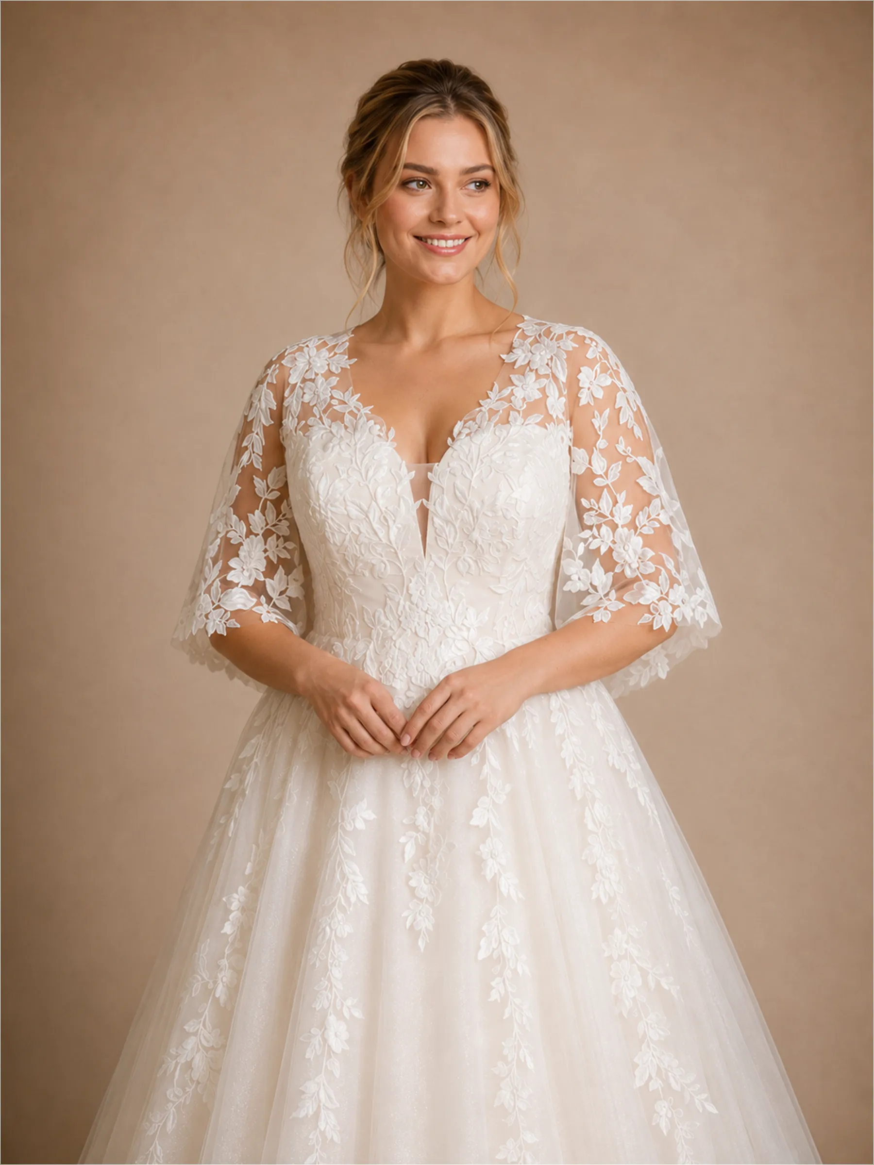 ChicSew Romantic Unique V-Neck A-Line Lace Tulle Flutter Sleeves Maxi Wedding Dresses sold by ChicSew product image thumbnail 2