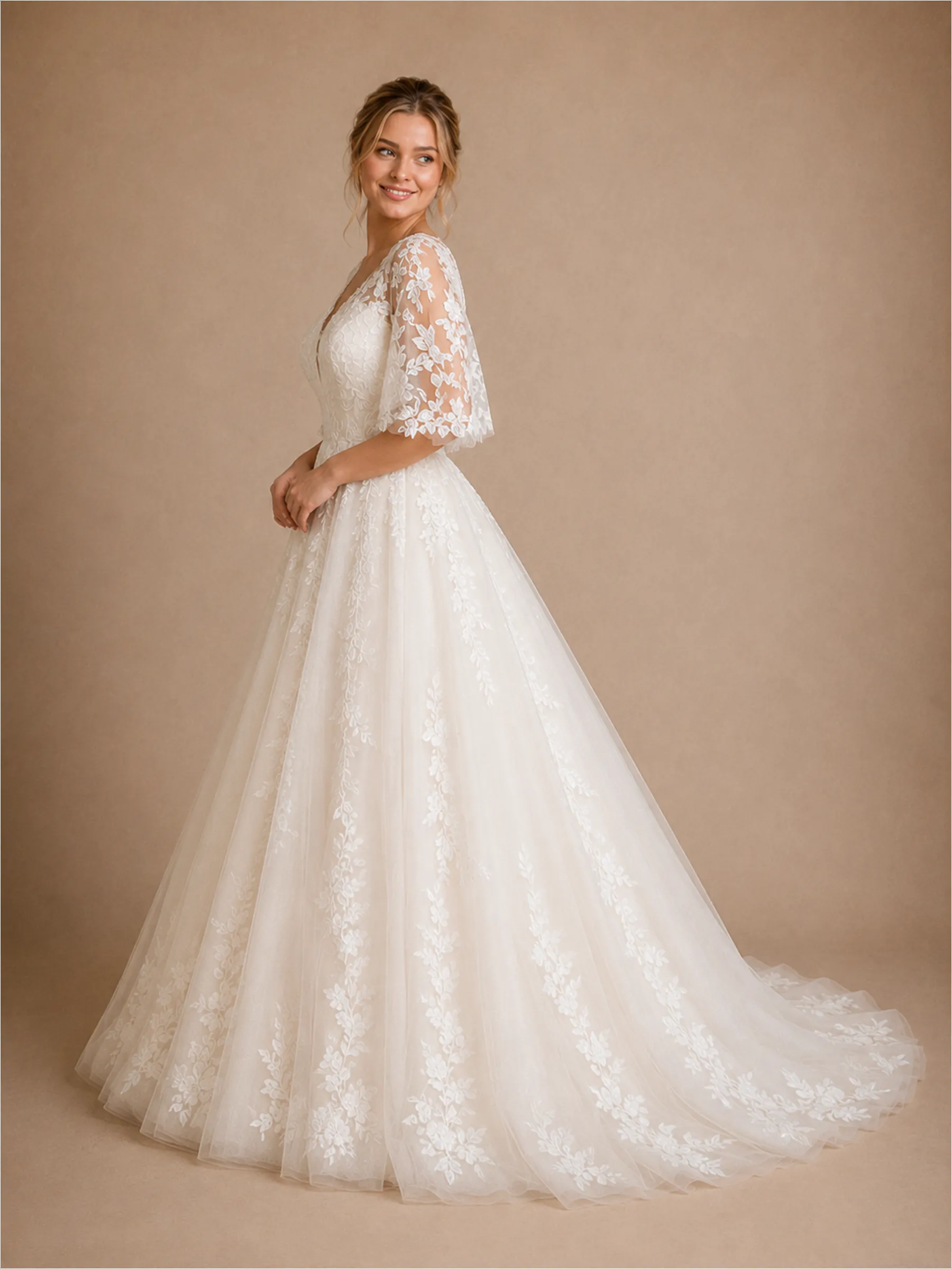 ChicSew Romantic Unique V-Neck A-Line Lace Tulle Flutter Sleeves Maxi Wedding Dresses sold by ChicSew product image thumbnail 3