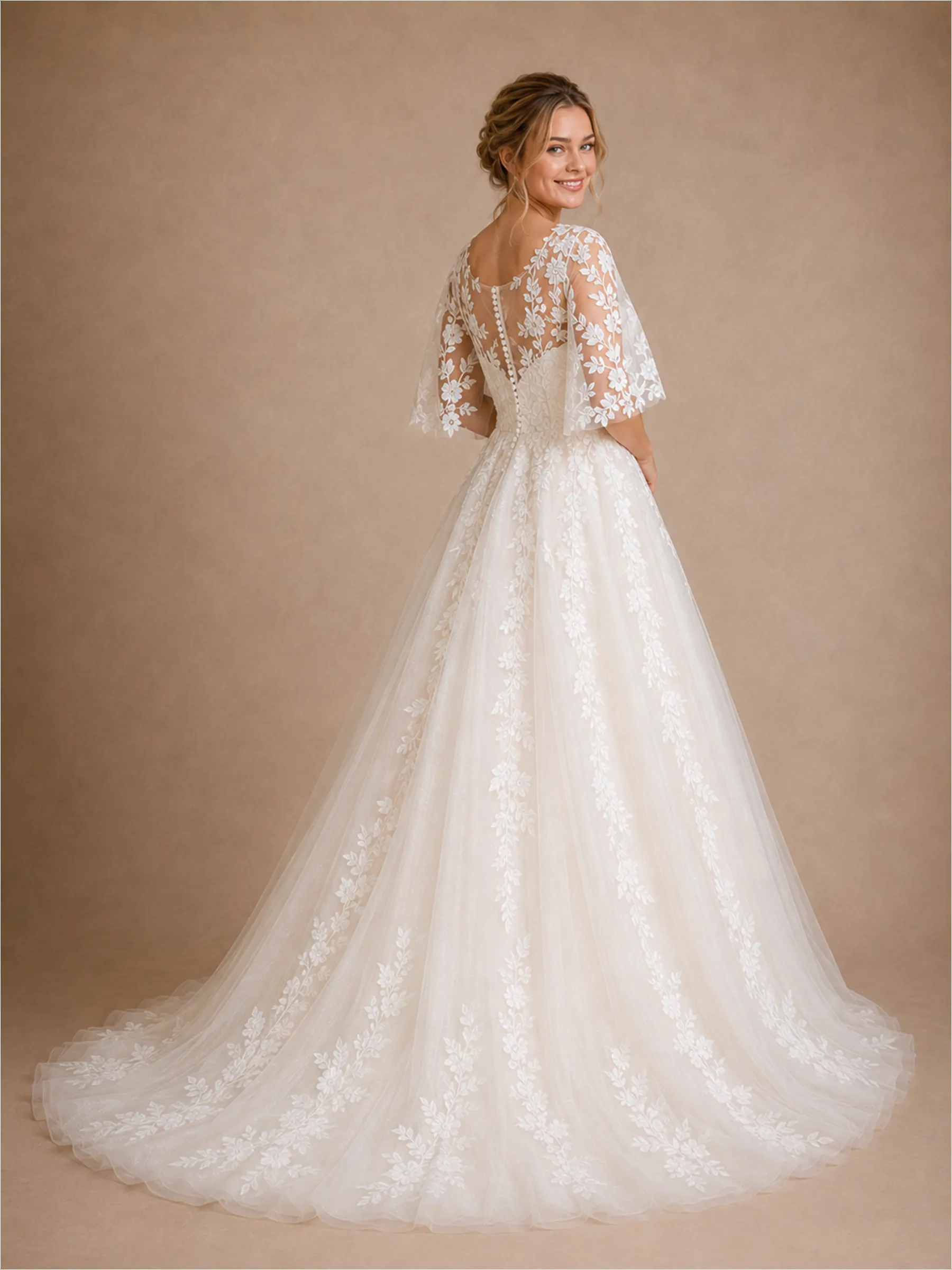 ChicSew Romantic Unique V-Neck A-Line Lace Tulle Flutter Sleeves Maxi Wedding Dresses sold by ChicSew product image thumbnail 4
