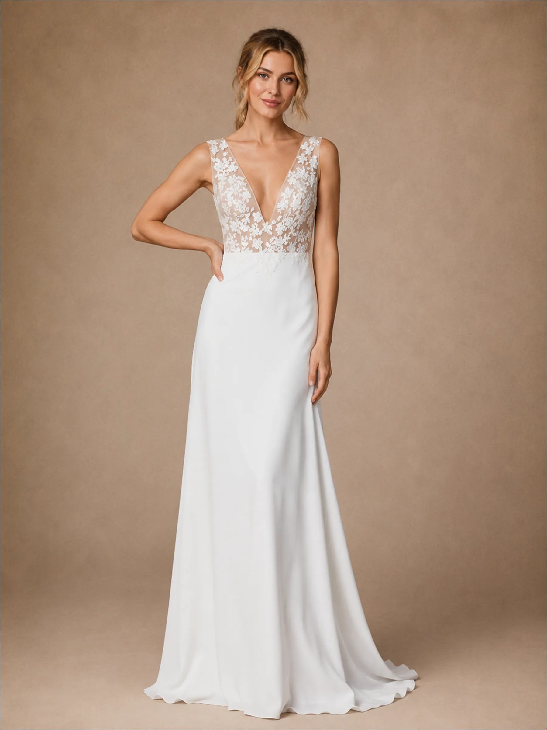 ChicSew Spaghetti Straps V-Neck Sleeveless A-Line Lace Crepe Long Wedding Dress sold by ChicSew